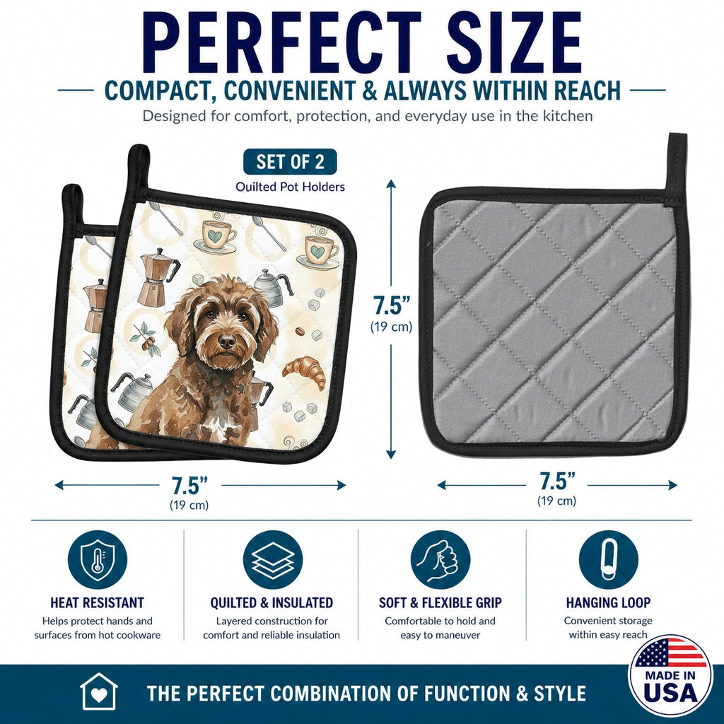 Brown Portuguese Water Dog Coffee Bar Pot Holder Set of 2 Heat Resistant Quilted Hot Pads 7.5 x 7.5 Inch, Insulated Kitchen Trivets for Cooking & Baking