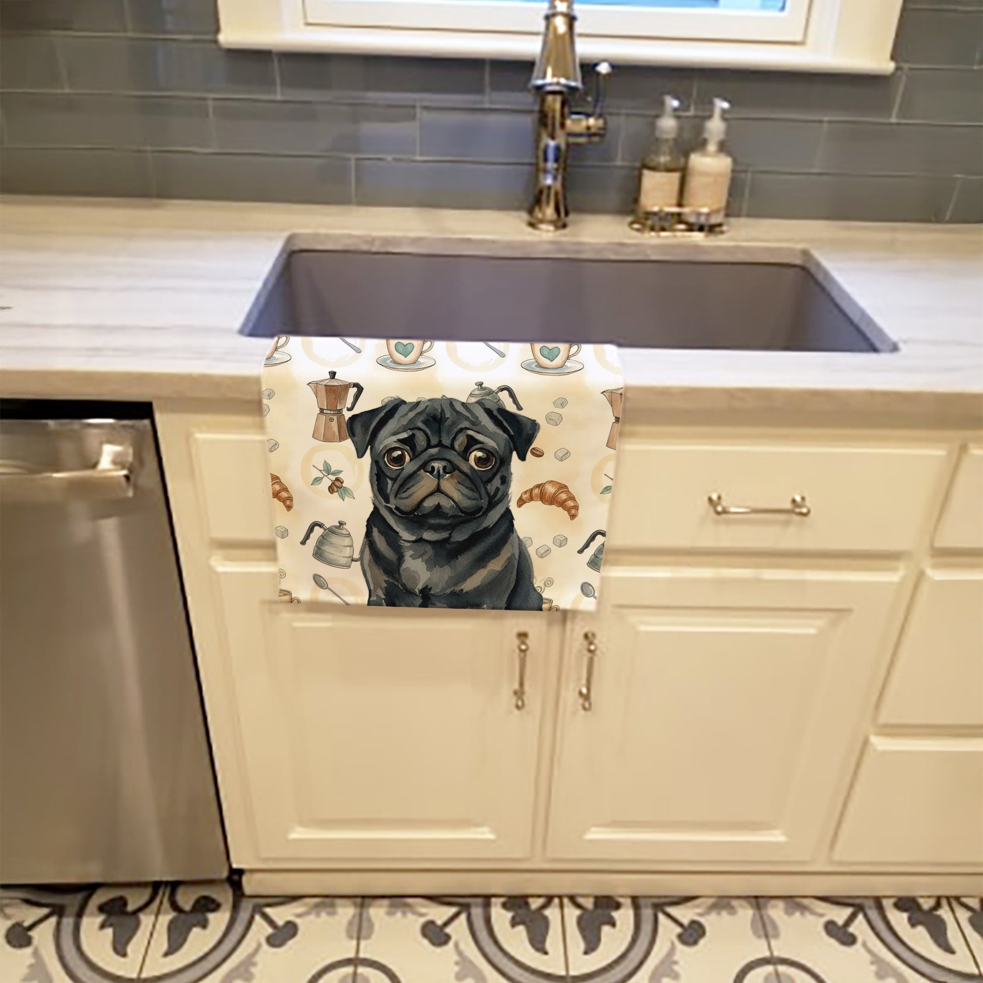 Black Pug Coffee Bar Kitchen Towel Velour Plush Front and Cotton Loop Back Machine Washable