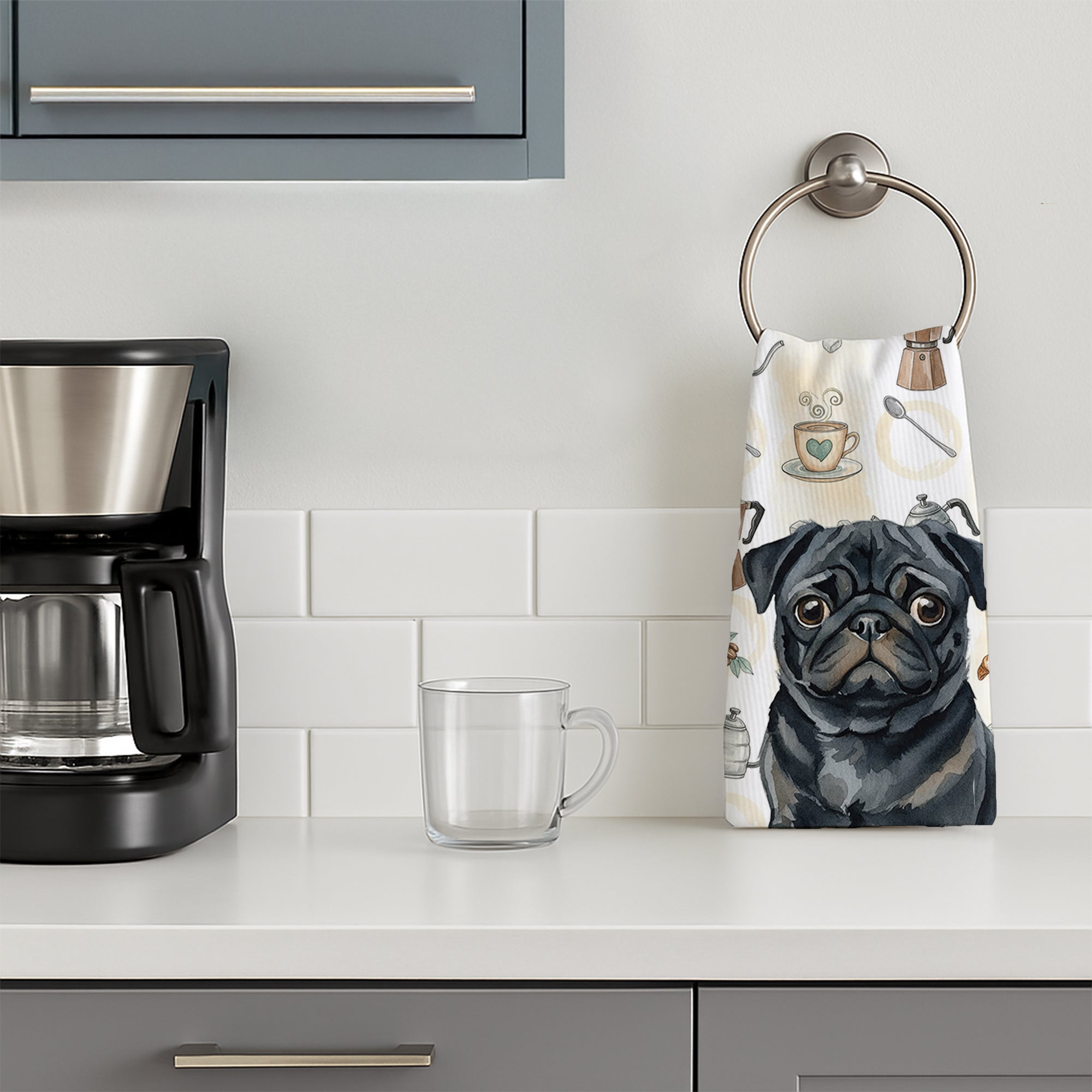 Black Pug Coffee Bar Kitchen Towel Velour Plush Front and Cotton Loop Back Machine Washable