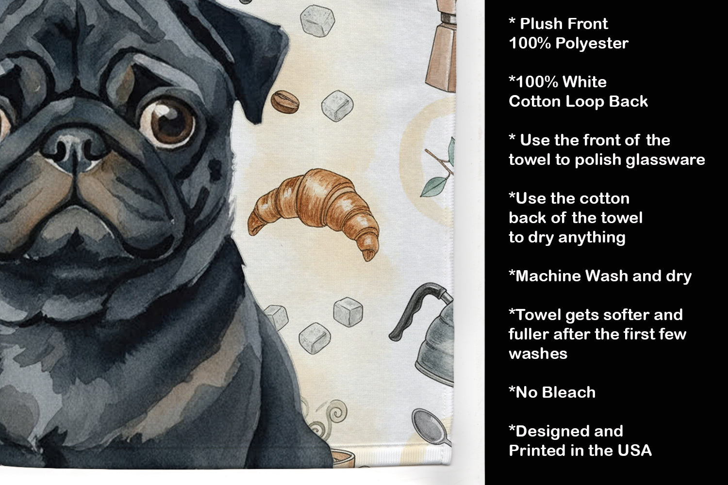 Black Pug Coffee Bar Kitchen Towel Velour Plush Front and Cotton Loop Back Machine Washable