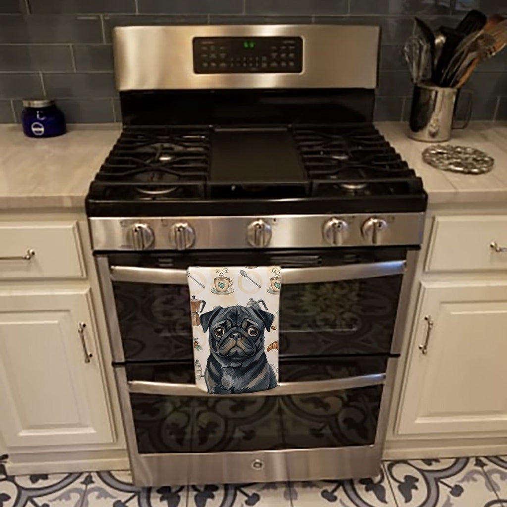 Black Pug Coffee Bar Kitchen Towel Velour Plush Front and Cotton Loop Back Machine Washable