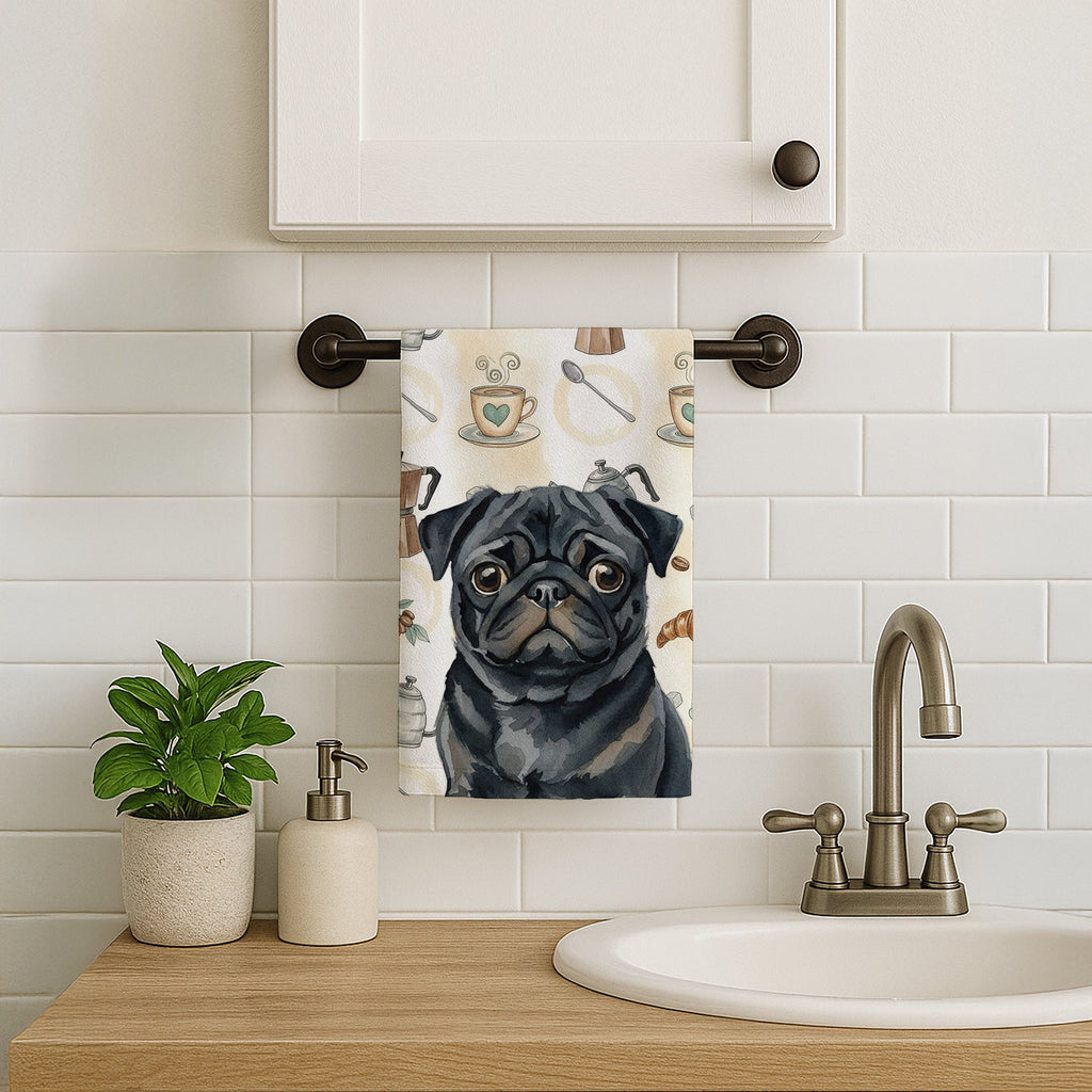 Black Pug Coffee Bar Kitchen Towel Velour Plush Front and Cotton Loop Back Machine Washable