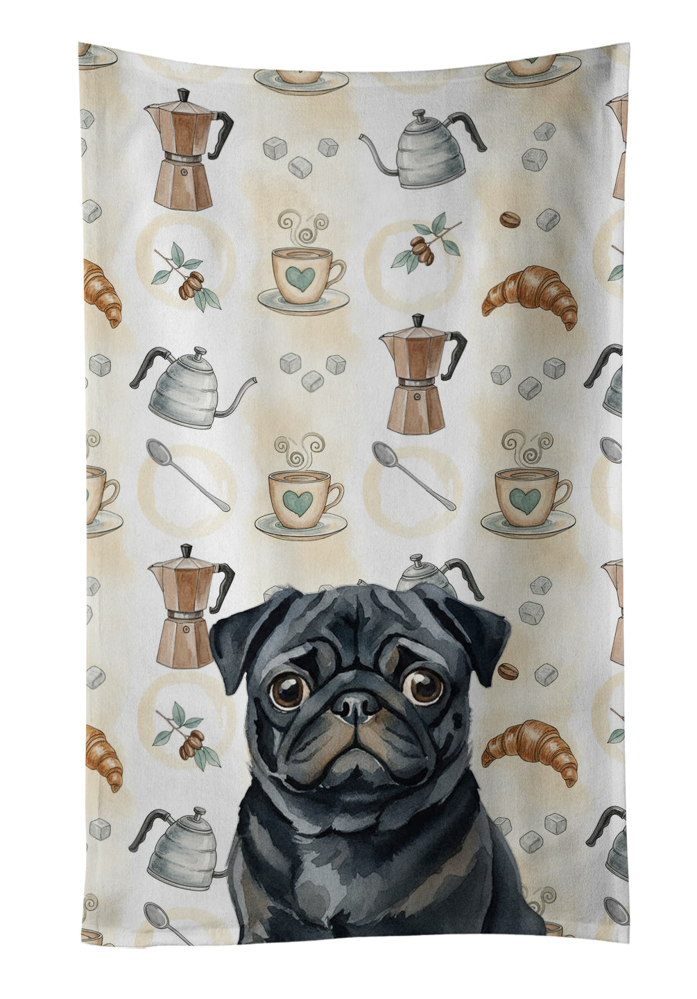 Black Pug Coffee Bar Kitchen Towel Velour Plush Front and Cotton Loop Back Machine Washable