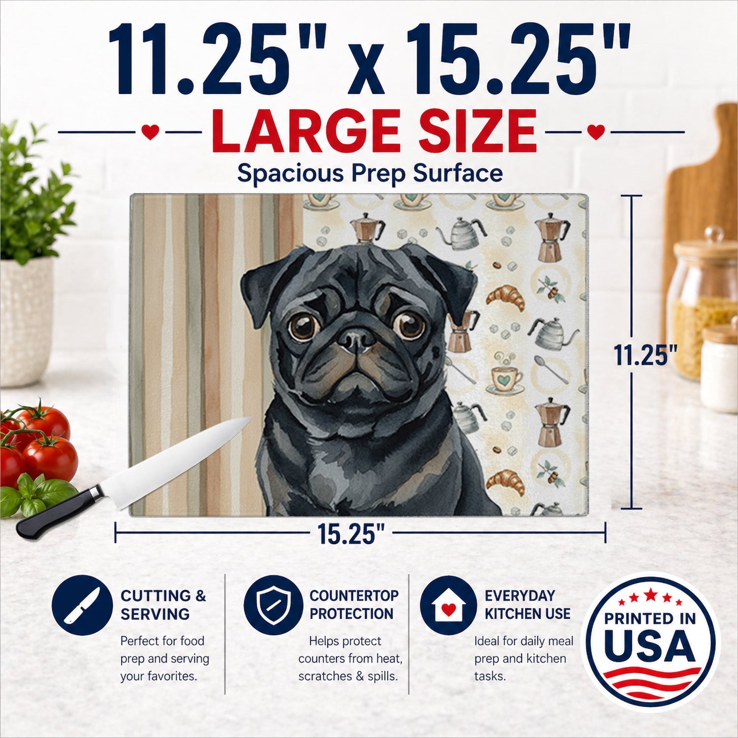 Black Pug Coffee Bar Cutting Board Tempered Glass Kitchen Cutting Surface, Heat Resistant Chopping, Non-Slip Feet, Food Prep & Serving