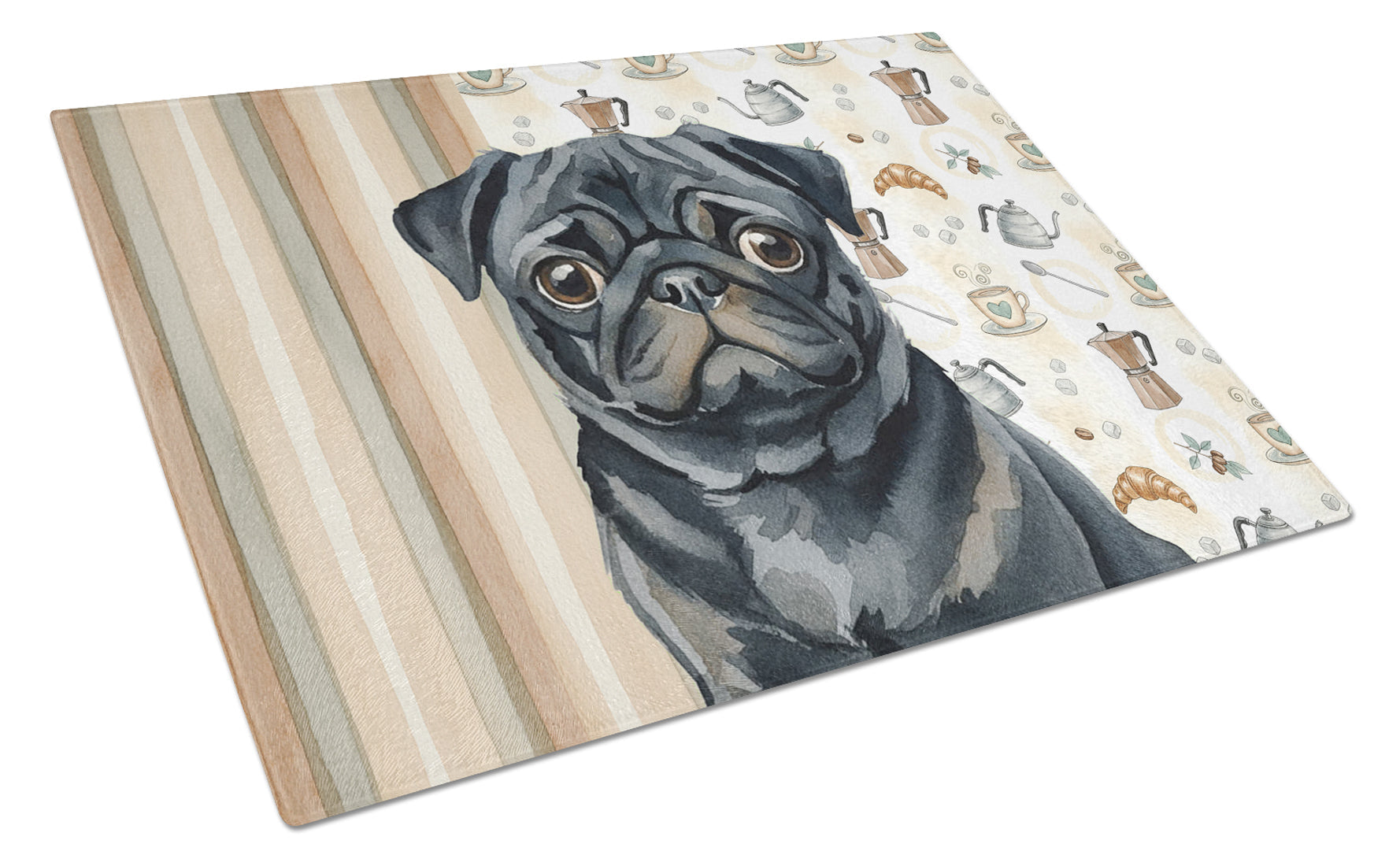 Black Pug Coffee Bar Cutting Board Tempered Glass Kitchen Cutting Surface, Heat Resistant Chopping, Non-Slip Feet, Food Prep & Serving