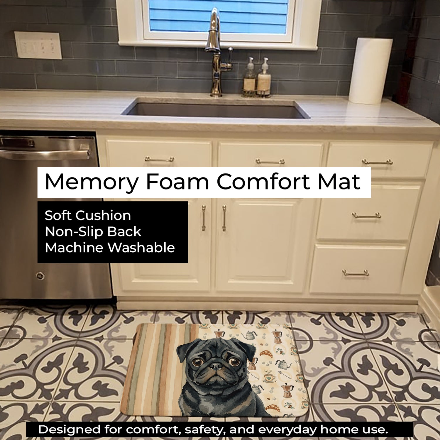 Black Pug Coffee Bar Memory Foam Kitchen Mat Machine Washable Anti-Fatigue Cushion Comfort Bath or Kitchen Rug