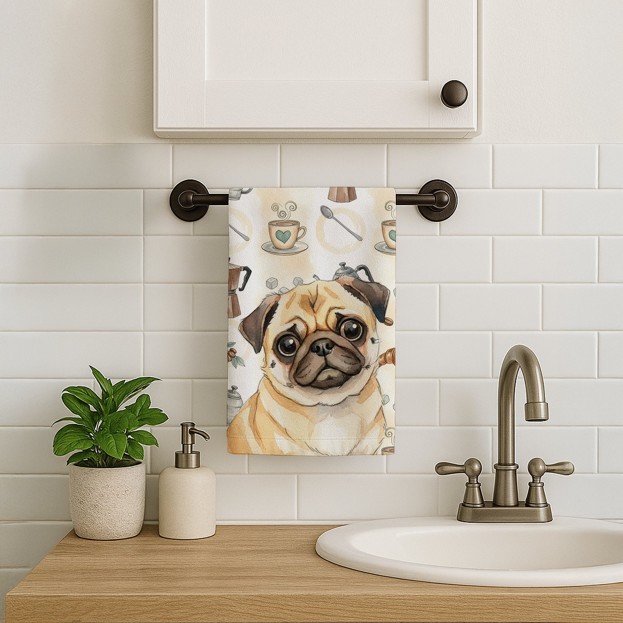 Fawn Pug Coffee Bar Kitchen Towel Velour Plush Front and Cotton Loop Back Machine Washable