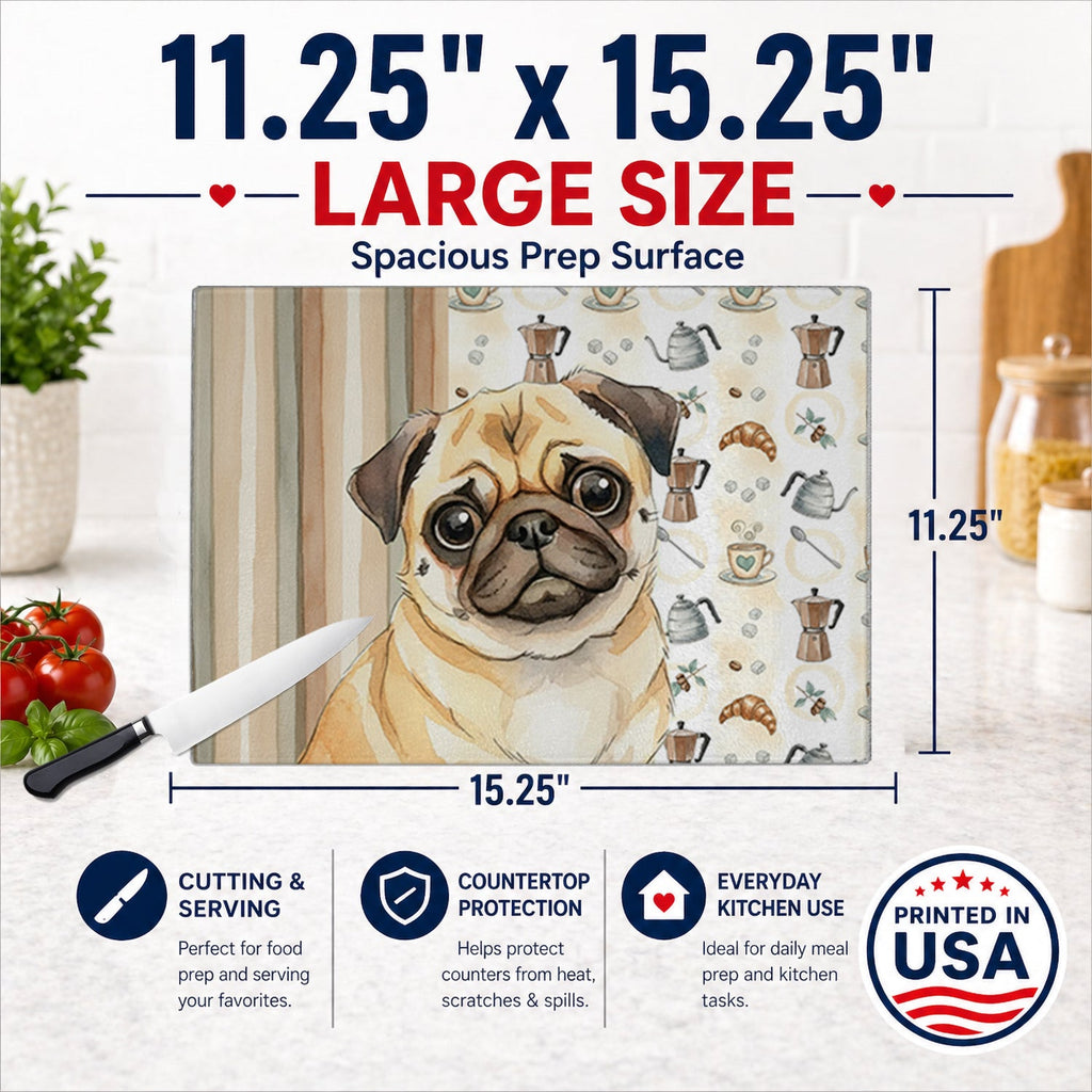 Fawn Pug Coffee Bar Cutting Board Tempered Glass Kitchen Cutting Surface, Heat Resistant Chopping, Non-Slip Feet, Food Prep & Serving