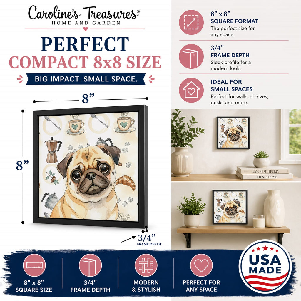 Fawn Pug Coffee Bar Framed Metal Print Bathroom, Kitchen, Office, Home Decor Wall Art Ready to Hang, Square, 8X8