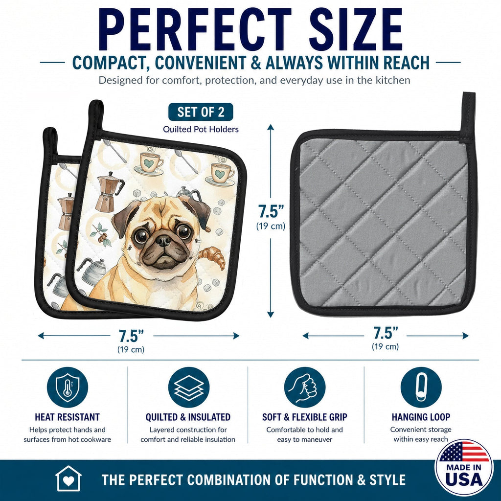 Fawn Pug Coffee Bar Pot Holder Set of 2 Heat Resistant Quilted Hot Pads 7.5 x 7.5 Inch, Insulated Kitchen Trivets for Cooking & Baking