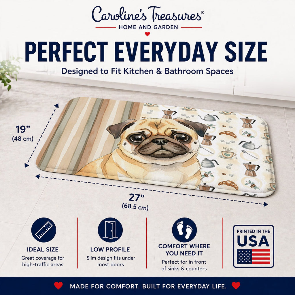 Fawn Pug Coffee Bar Memory Foam Kitchen Mat Machine Washable Anti-Fatigue Cushion Comfort Bath or Kitchen Rug
