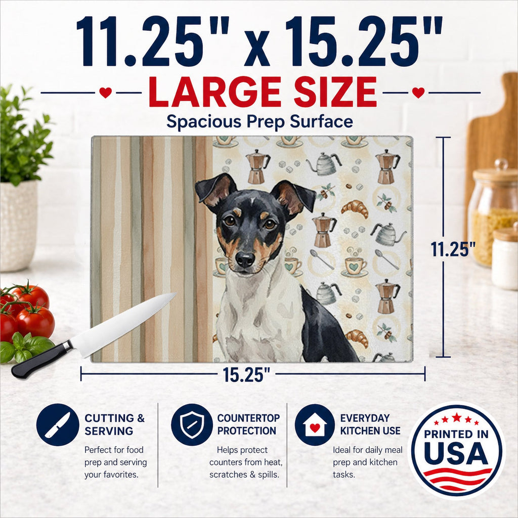 Black and White Rat Terrier Coffee Bar Cutting Board Tempered Glass Kitchen Cutting Surface, Heat Resistant Chopping, Non-Slip Feet, Food Prep & Serving