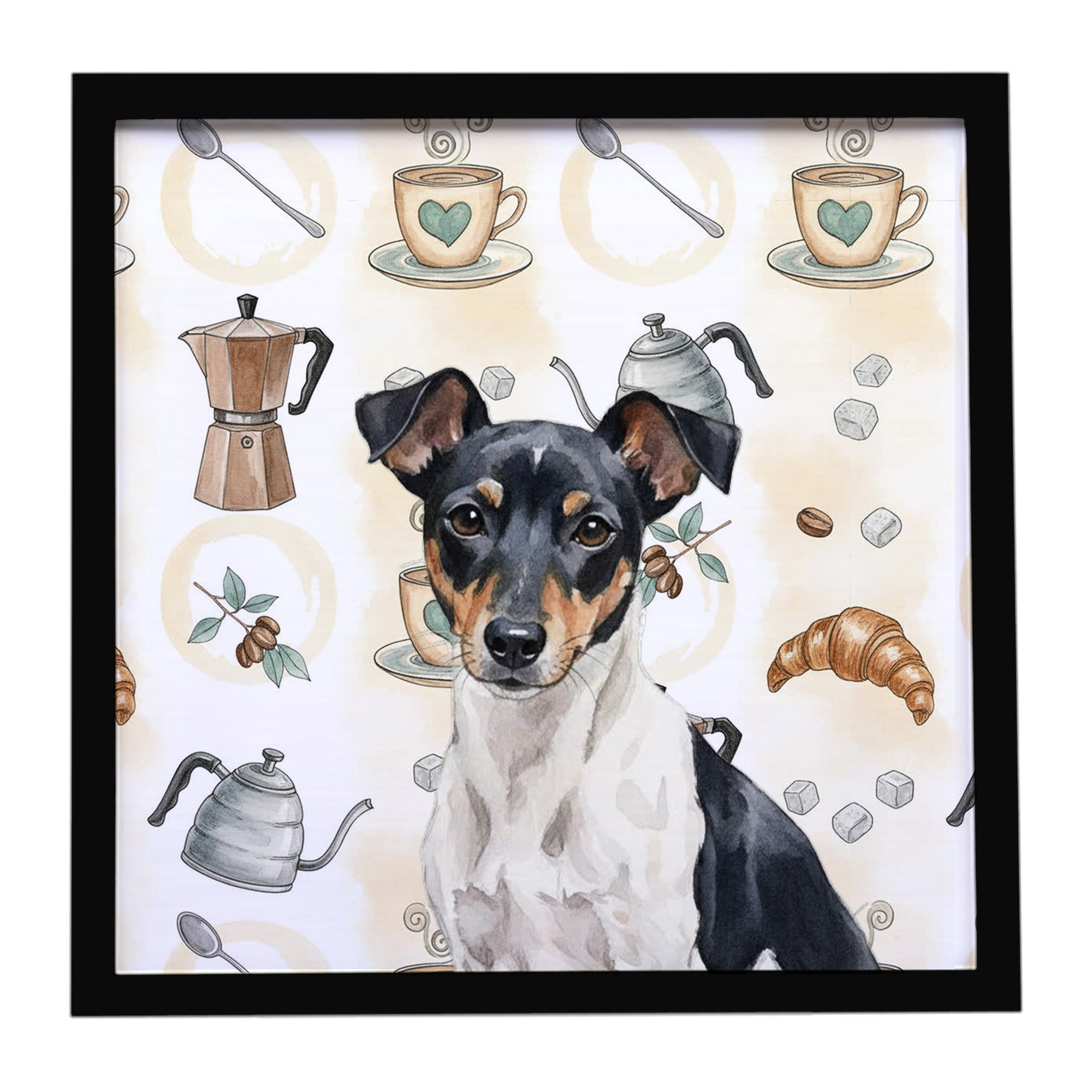 Black and White Rat Terrier Coffee Bar Framed Metal Print Bathroom, Kitchen, Office, Home Decor Wall Art Ready to Hang, Square, 8X8