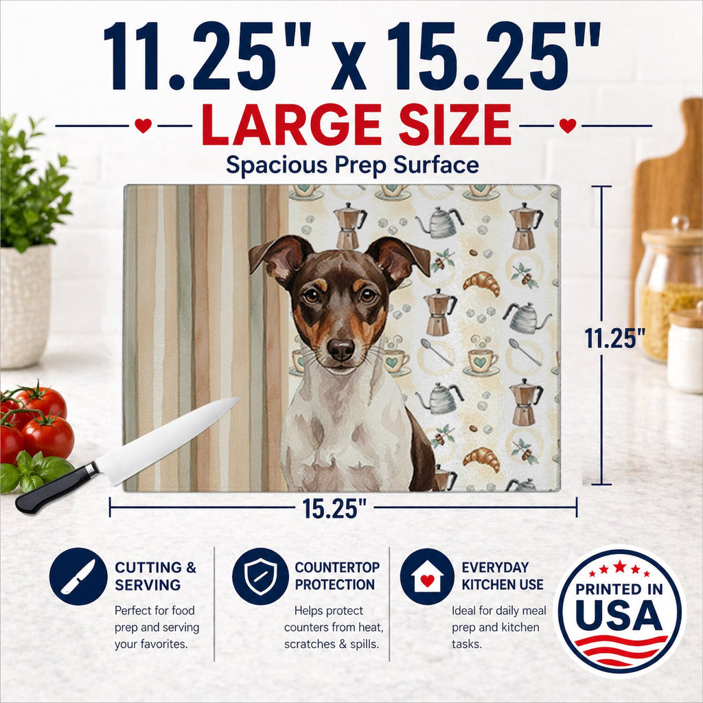 Chocolate and White Rat Terrier Coffee Bar Cutting Board Tempered Glass Kitchen Cutting Surface, Heat Resistant Chopping, Non-Slip Feet, Food Prep & Serving