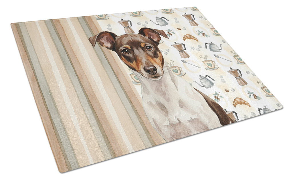 Chocolate and White Rat Terrier Coffee Bar Cutting Board Tempered Glass Kitchen Cutting Surface, Heat Resistant Chopping, Non-Slip Feet, Food Prep & Serving