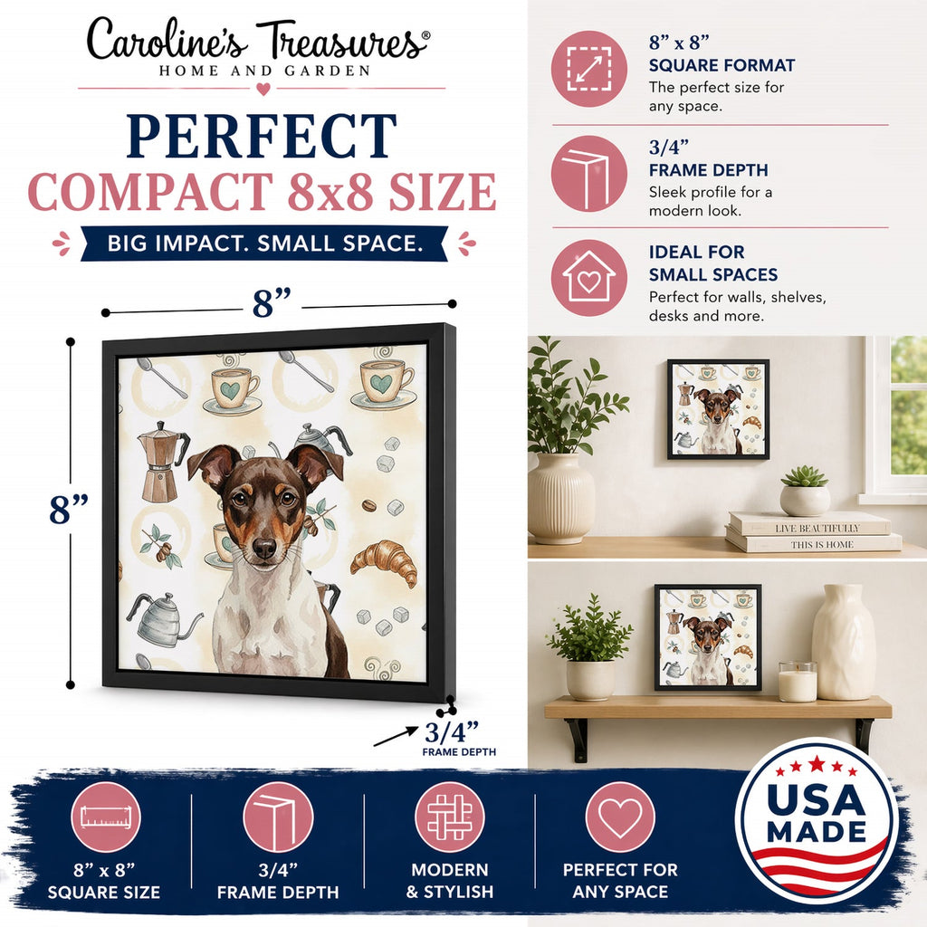 Chocolate and White Rat Terrier Coffee Bar Framed Metal Print Bathroom, Kitchen, Office, Home Decor Wall Art Ready to Hang, Square, 8X8
