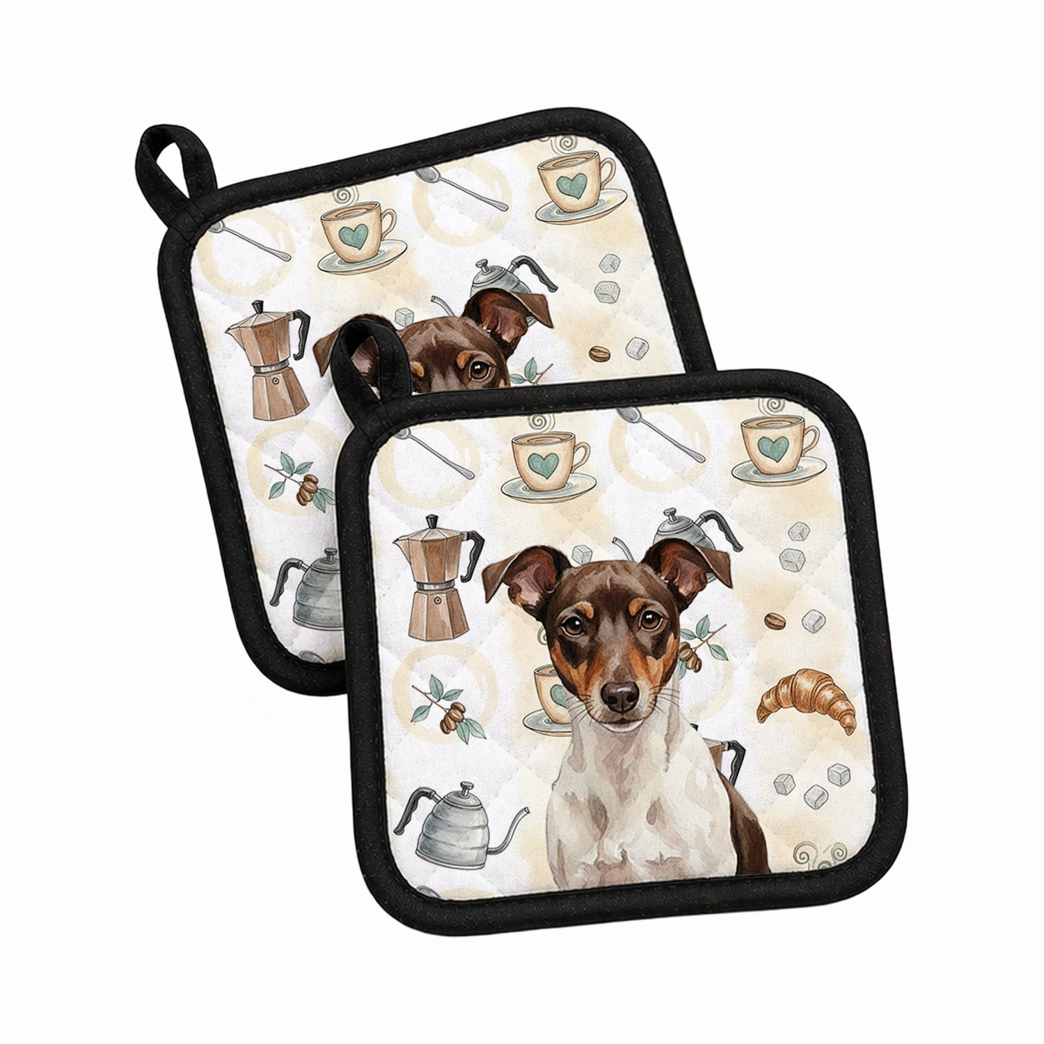 Chocolate and White Rat Terrier Coffee Bar Pot Holder Set of 2 Heat Resistant Quilted Hot Pads 7.5 x 7.5 Inch, Insulated Kitchen Trivets for Cooking & Baking