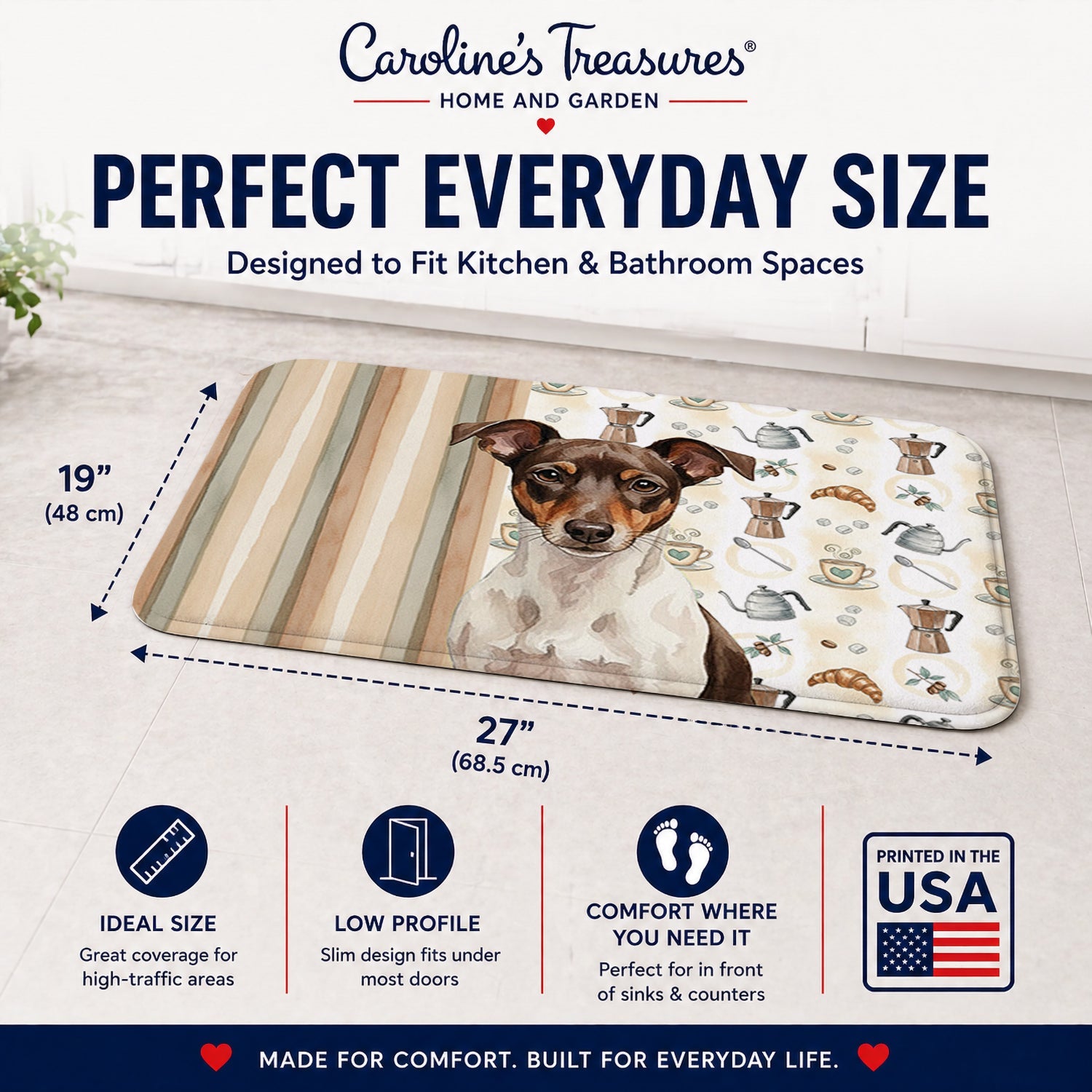 Chocolate and White Rat Terrier Coffee Bar Memory Foam Kitchen Mat Machine Washable Anti-Fatigue Cushion Comfort Bath or Kitchen Rug