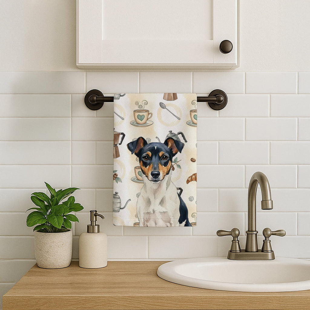 Tricolor Rat Terrier Coffee Bar Kitchen Towel Velour Plush Front and Cotton Loop Back Machine Washable