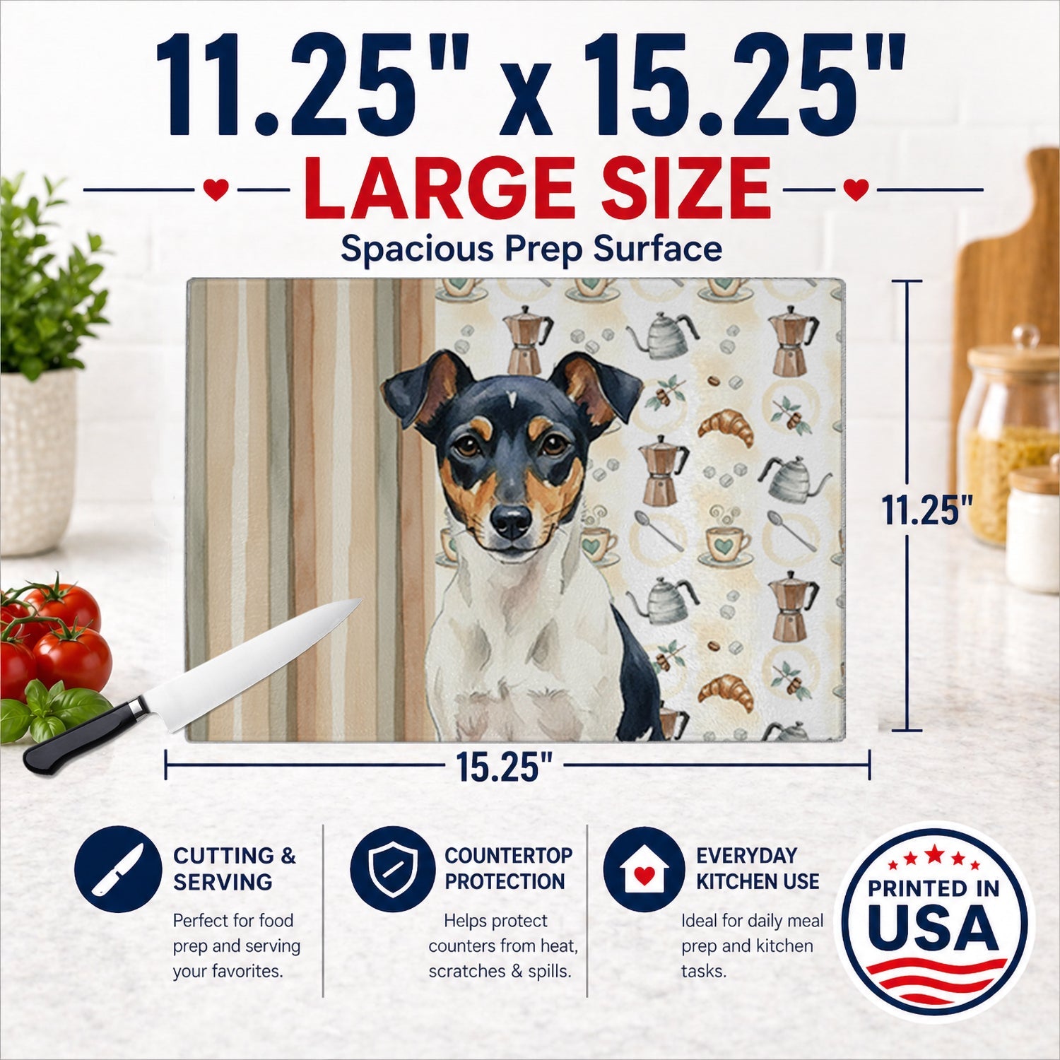 Tricolor Rat Terrier Coffee Bar Cutting Board Tempered Glass Kitchen Cutting Surface, Heat Resistant Chopping, Non-Slip Feet, Food Prep & Serving