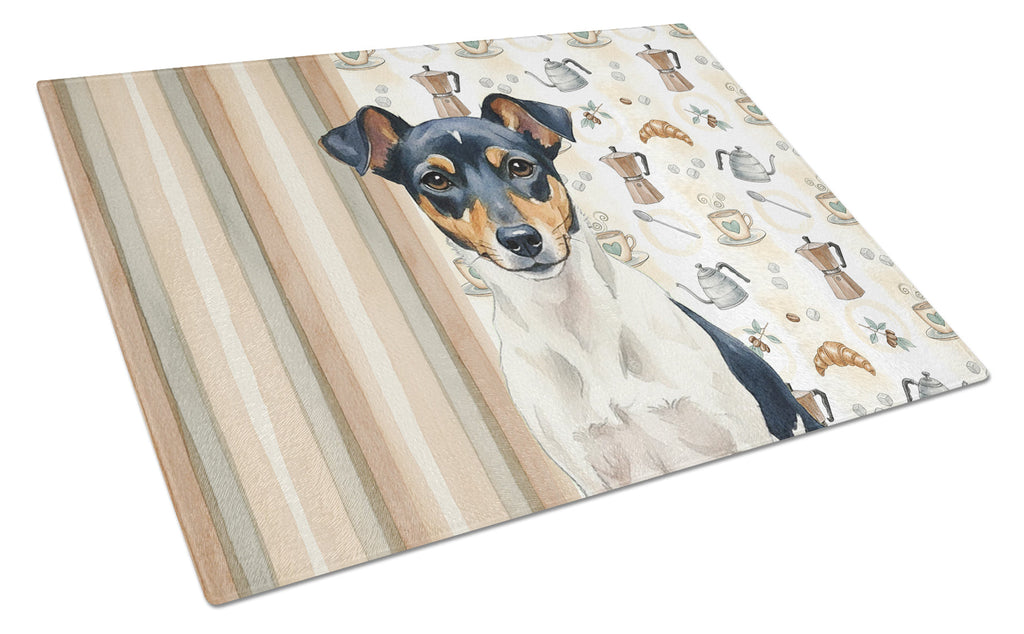Tricolor Rat Terrier Coffee Bar Cutting Board Tempered Glass Kitchen Cutting Surface, Heat Resistant Chopping, Non-Slip Feet, Food Prep & Serving