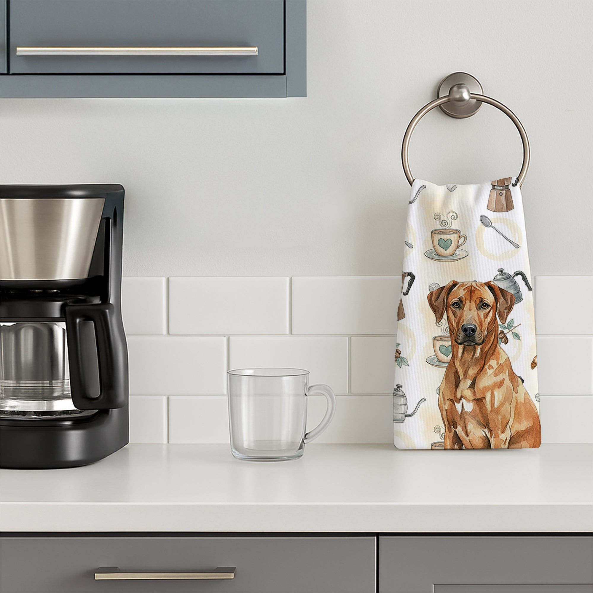 Rhodesian Ridgeback Coffee Bar Kitchen Towel Velour Plush Front and Cotton Loop Back Machine Washable