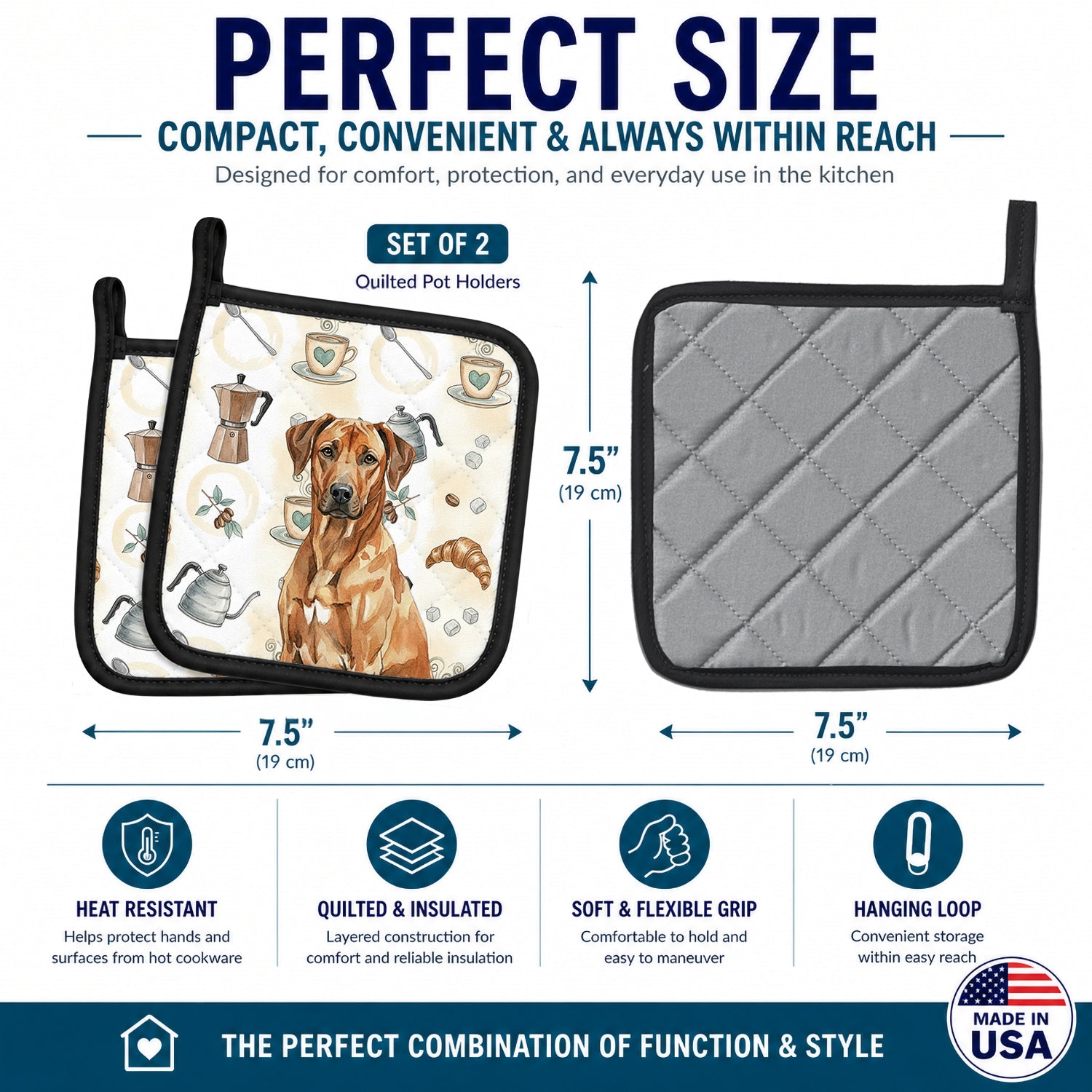 Rhodesian Ridgeback Coffee Bar Pot Holder Set of 2 Heat Resistant Quilted Hot Pads 7.5 x 7.5 Inch, Insulated Kitchen Trivets for Cooking & Baking