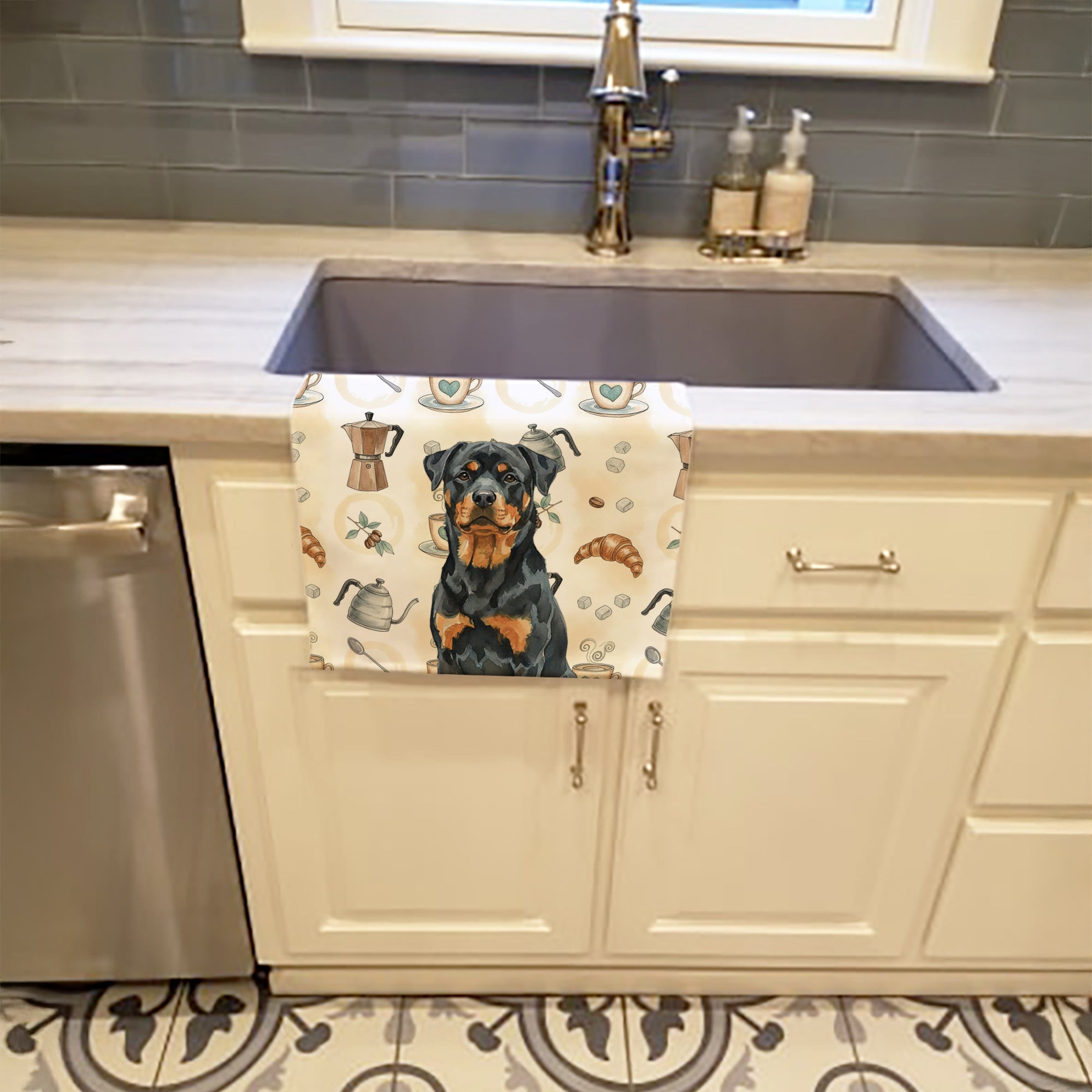 Rottweiler Coffee Bar Kitchen Towel Velour Plush Front and Cotton Loop Back Machine Washable