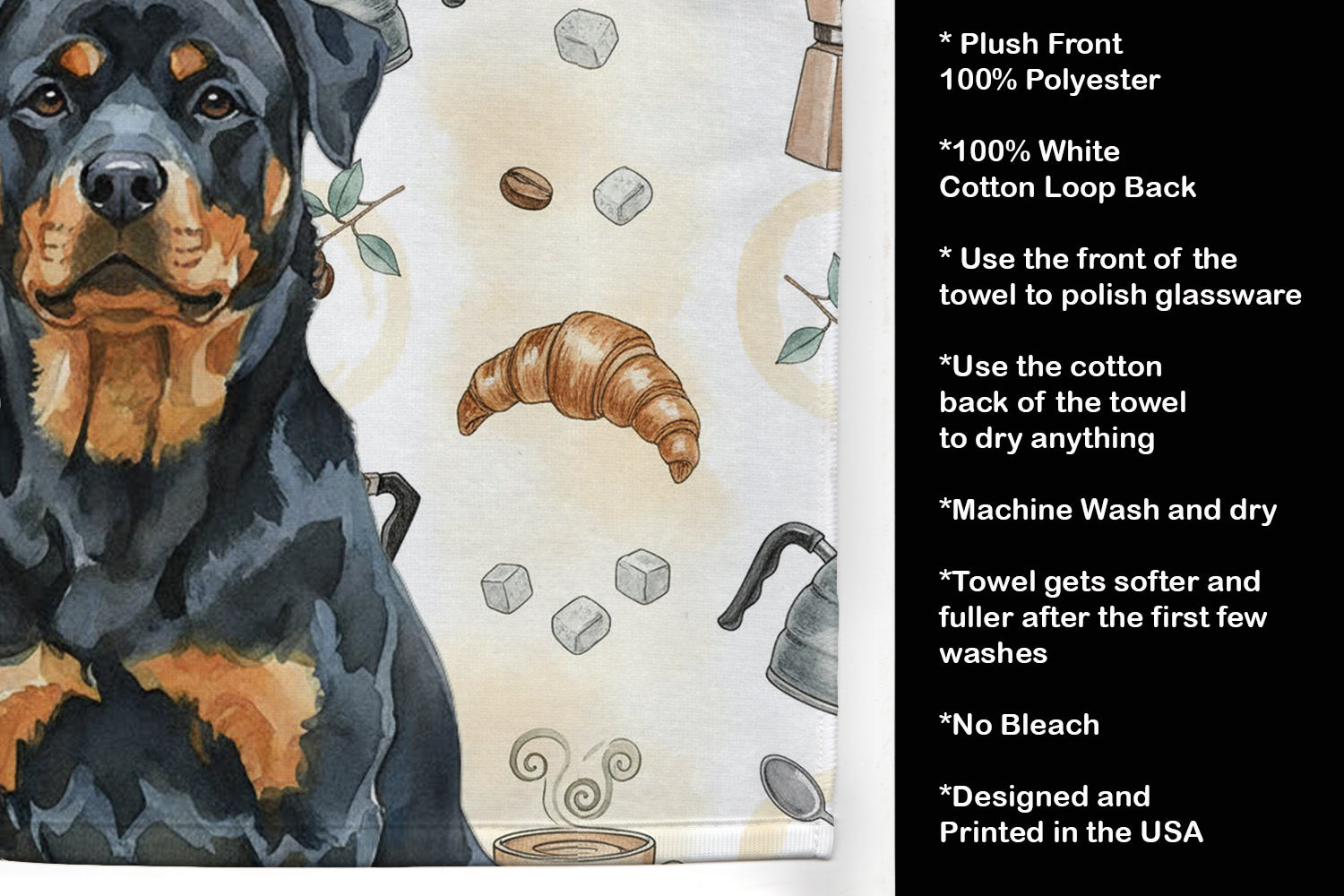 Rottweiler Coffee Bar Kitchen Towel Velour Plush Front and Cotton Loop Back Machine Washable