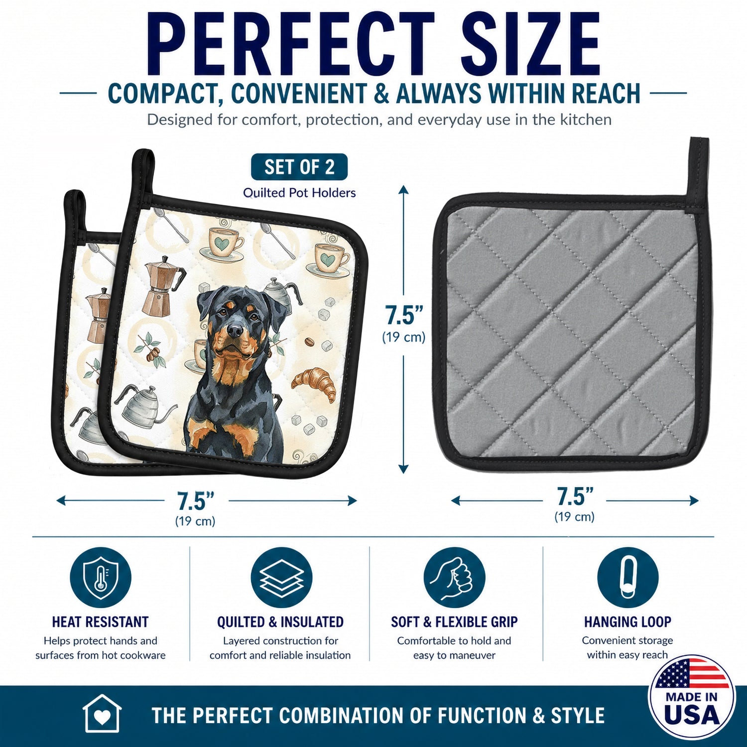 Rottweiler Coffee Bar Pot Holder Set of 2 Heat Resistant Quilted Hot Pads 7.5 x 7.5 Inch, Insulated Kitchen Trivets for Cooking & Baking
