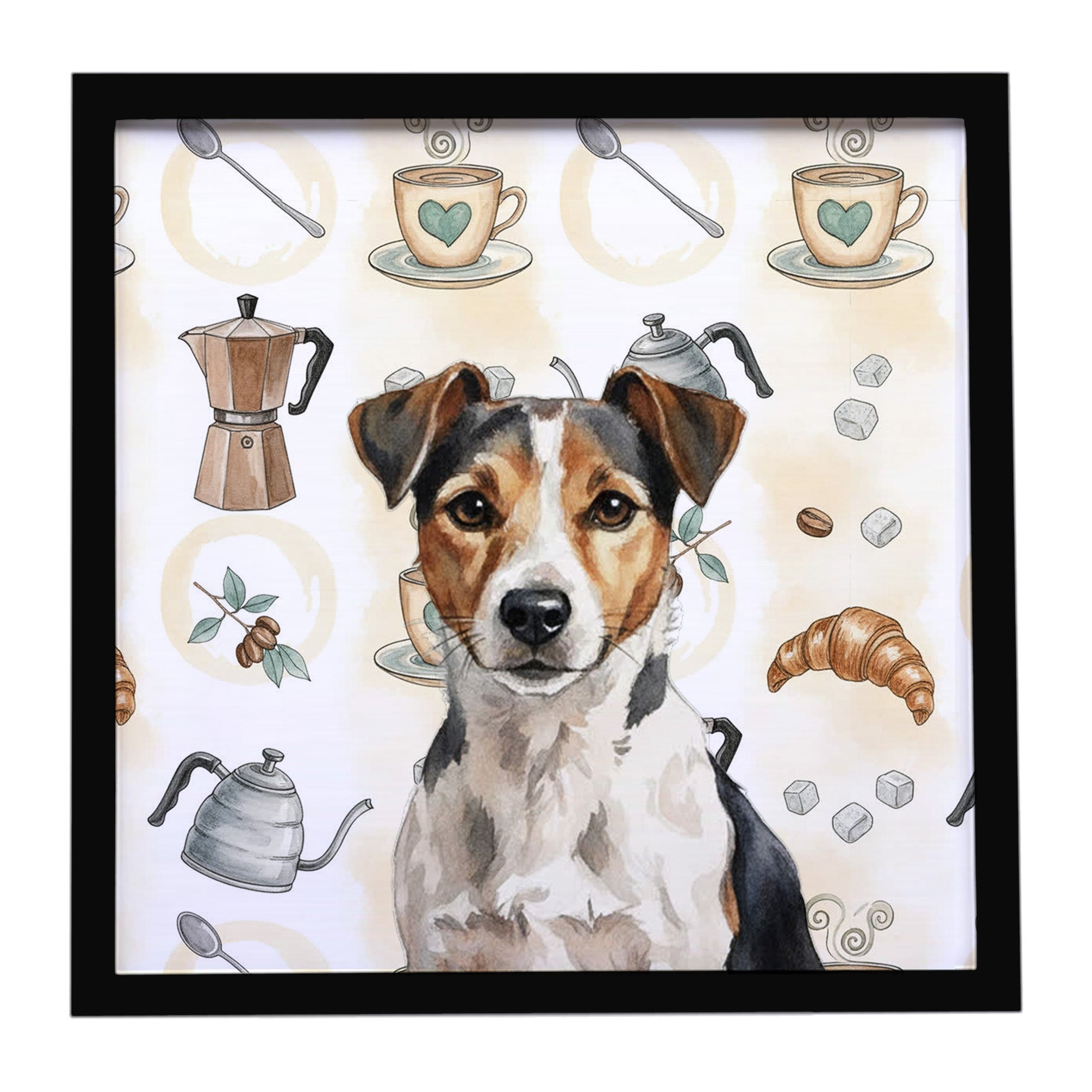 Tricolor Russell Terrier Coffee Bar Framed Metal Print Bathroom, Kitchen, Office, Home Decor Wall Art Ready to Hang, Square, 8X8