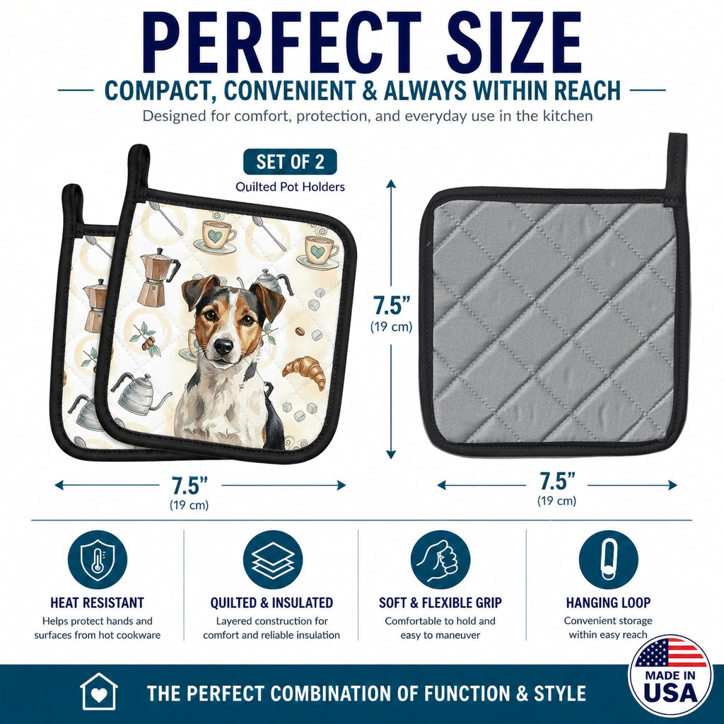 Tricolor Russell Terrier Coffee Bar Pot Holder Set of 2 Heat Resistant Quilted Hot Pads 7.5 x 7.5 Inch, Insulated Kitchen Trivets for Cooking & Baking