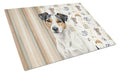 White with Black Markings Russell Terrier Coffee Bar Cutting Board Tempered Glass Kitchen Cutting Surface, Heat Resistant Chopping, Non-Slip Feet, Food Prep & Serving
