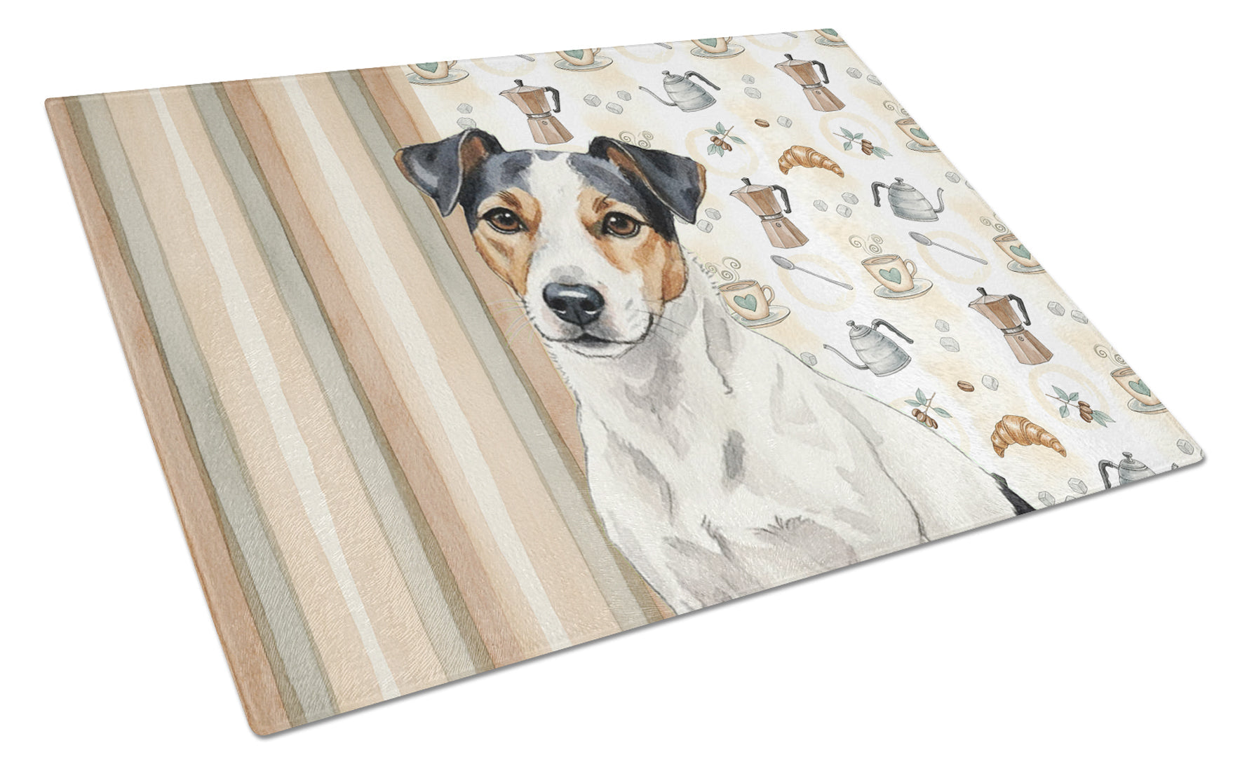 White with Black Markings Russell Terrier Coffee Bar Cutting Board Tempered Glass Kitchen Cutting Surface, Heat Resistant Chopping, Non-Slip Feet, Food Prep & Serving