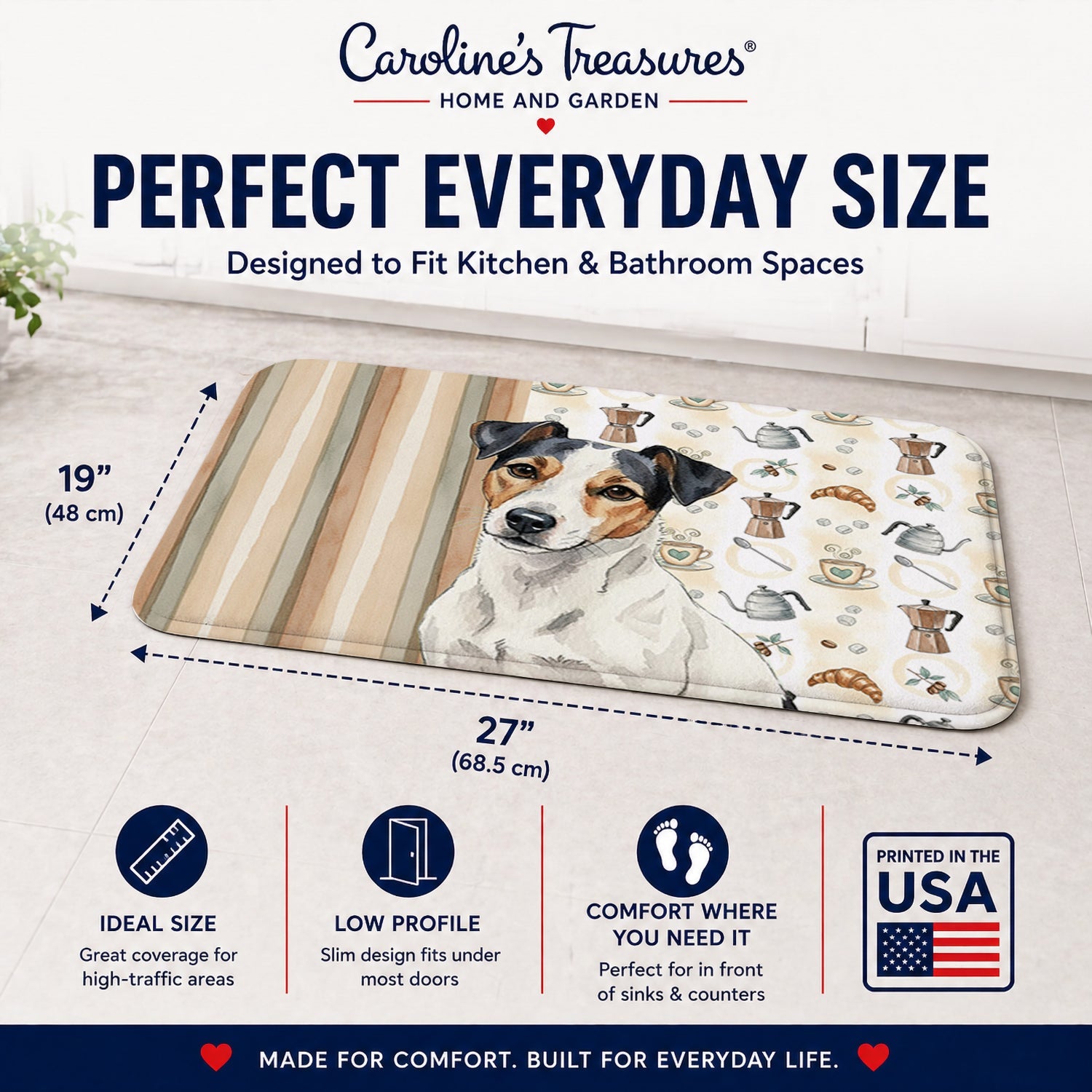 White with Black Markings Russell Terrier Coffee Bar Memory Foam Kitchen Mat Machine Washable Anti-Fatigue Cushion Comfort Bath or Kitchen Rug