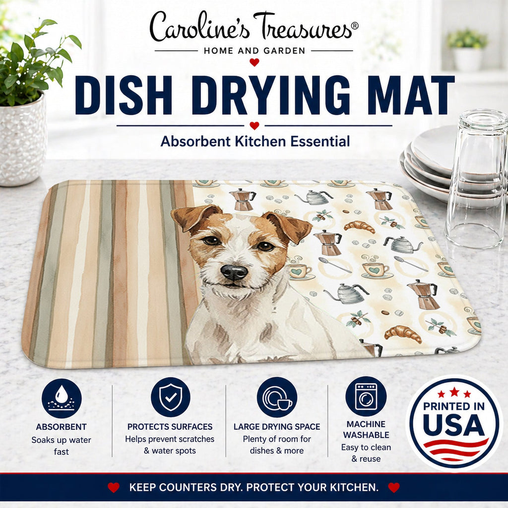 White with Tan Markings Russell Terrier Coffee Bar Dish Drying Mat Absorbent Dish Drying Mat Pad for Kitchen Counter Dish Drainer Mat for Countertop, 14 x 21", Multicolor