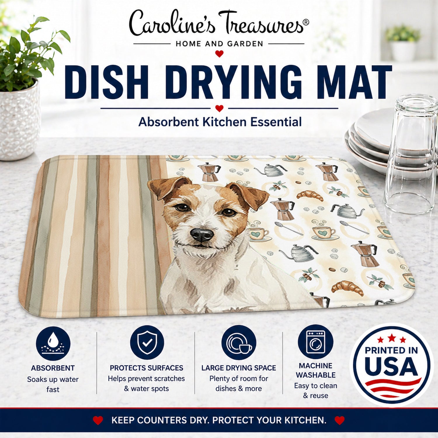 White with Tan Markings Russell Terrier Coffee Bar Dish Drying Mat Absorbent Dish Drying Mat Pad for Kitchen Counter Dish Drainer Mat for Countertop, 14 x 21", Multicolor