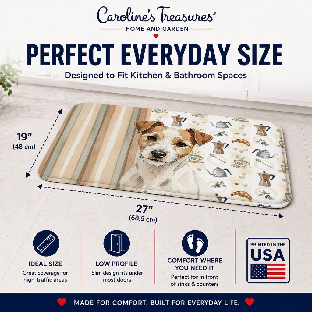 White with Tan Markings Russell Terrier Coffee Bar Memory Foam Kitchen Mat Machine Washable Anti-Fatigue Cushion Comfort Bath or Kitchen Rug