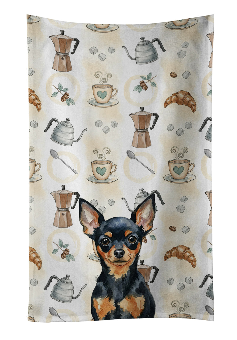 Black and Tan Russian Toy Coffee Bar Kitchen Towel Velour Plush Front and Cotton Loop Back Machine Washable