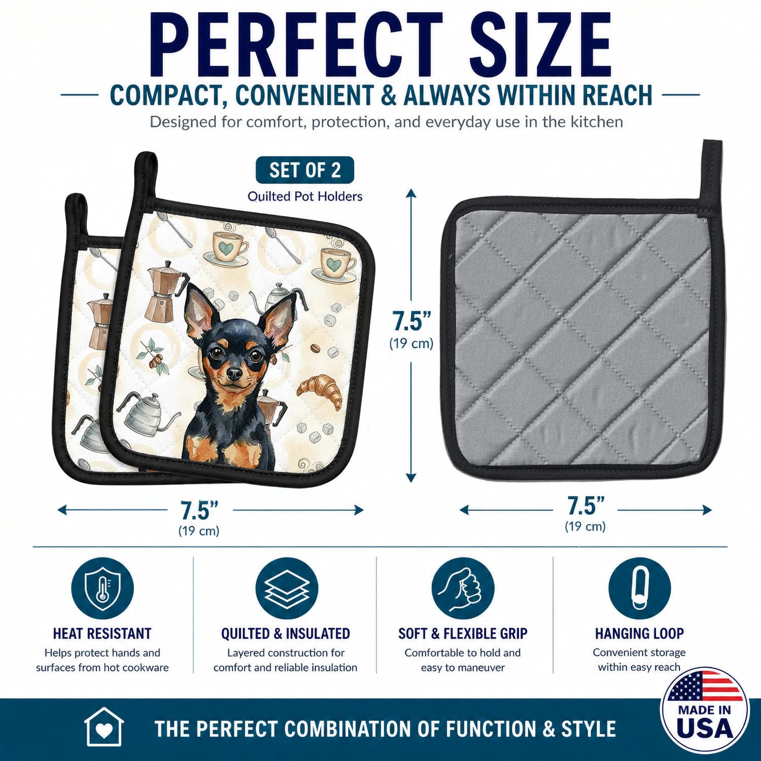 Black and Tan Russian Toy Coffee Bar Pot Holder Set of 2 Heat Resistant Quilted Hot Pads 7.5 x 7.5 Inch, Insulated Kitchen Trivets for Cooking & Baking