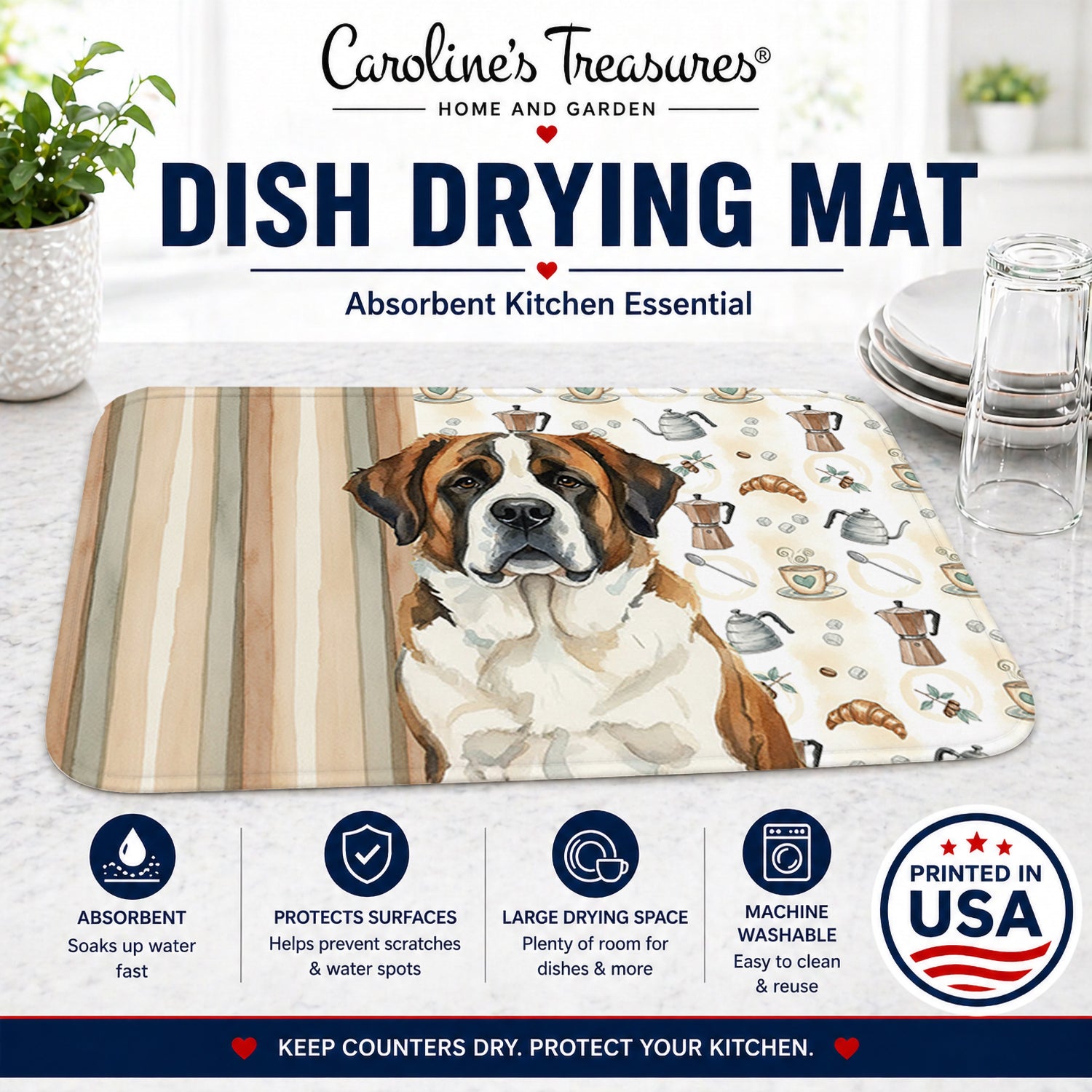 Brindle and White Saint Bernard Coffee Bar Dish Drying Mat Absorbent Dish Drying Mat Pad for Kitchen Counter Dish Drainer Mat for Countertop, 14 x 21", Multicolor