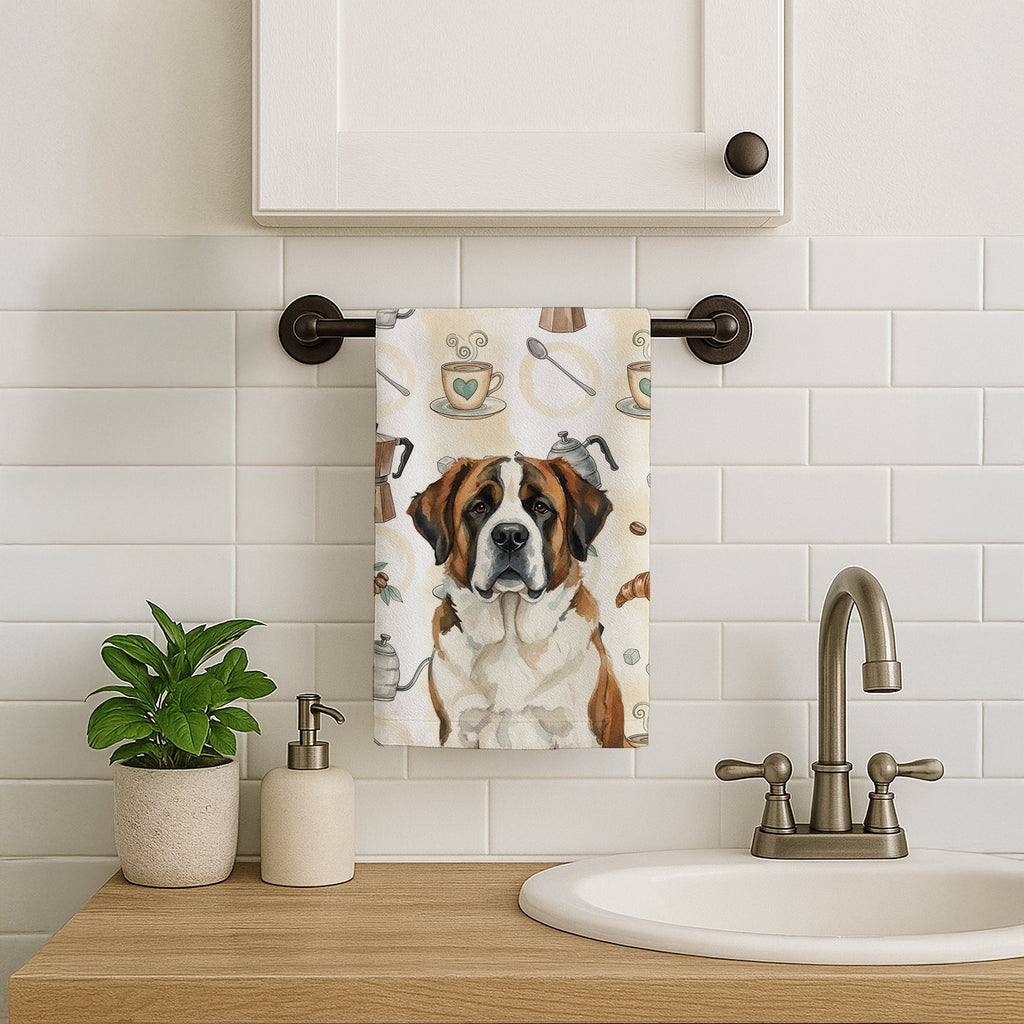 Brindle and White Saint Bernard Coffee Bar Kitchen Towel Velour Plush Front and Cotton Loop Back Machine Washable