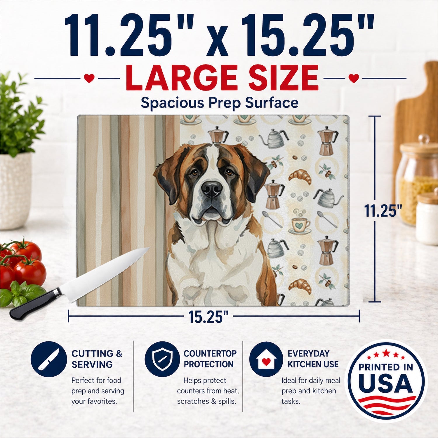 Brindle and White Saint Bernard Coffee Bar Cutting Board Tempered Glass Kitchen Cutting Surface, Heat Resistant Chopping, Non-Slip Feet, Food Prep & Serving