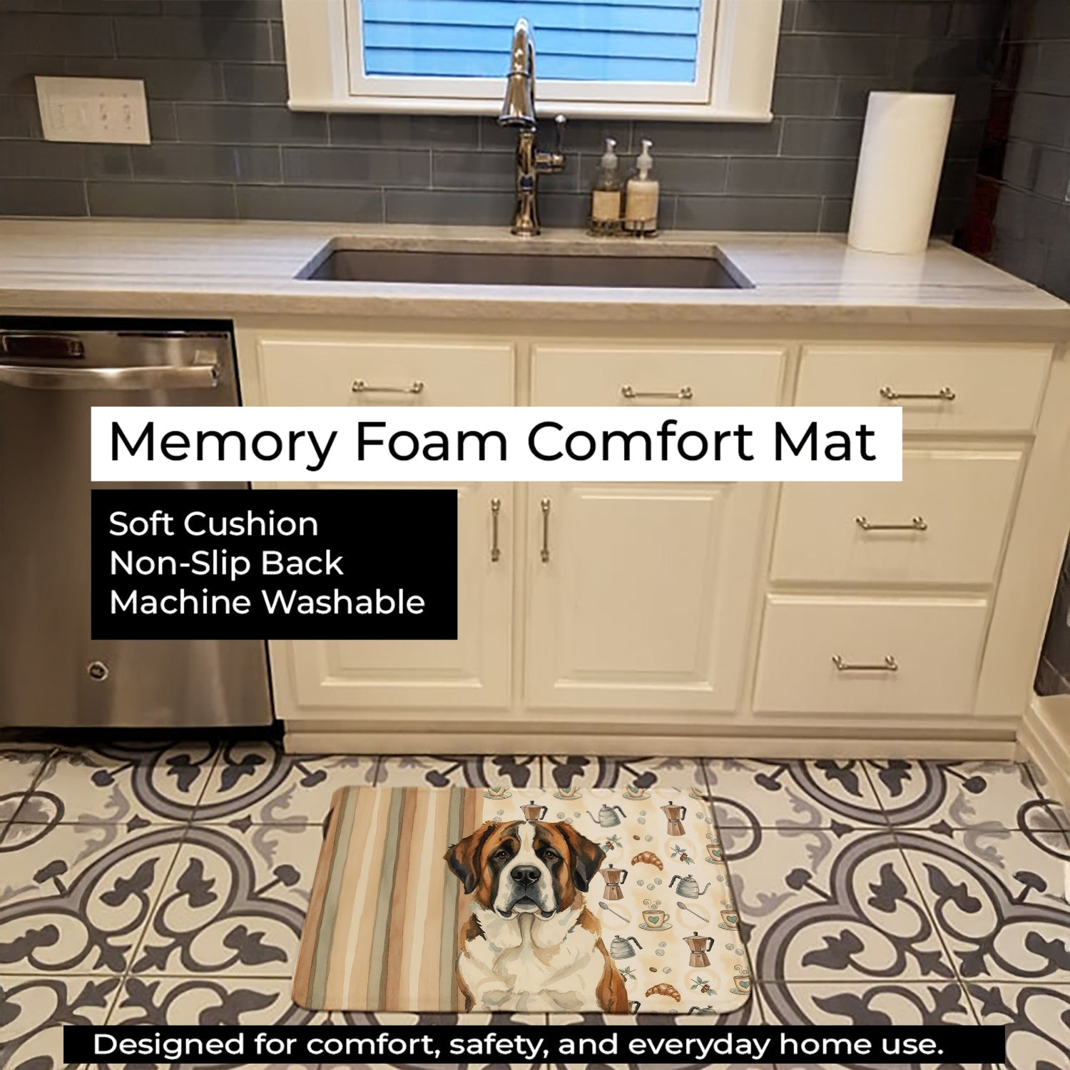 Brindle and White Saint Bernard Coffee Bar Memory Foam Kitchen Mat Machine Washable Anti-Fatigue Cushion Comfort Bath or Kitchen Rug