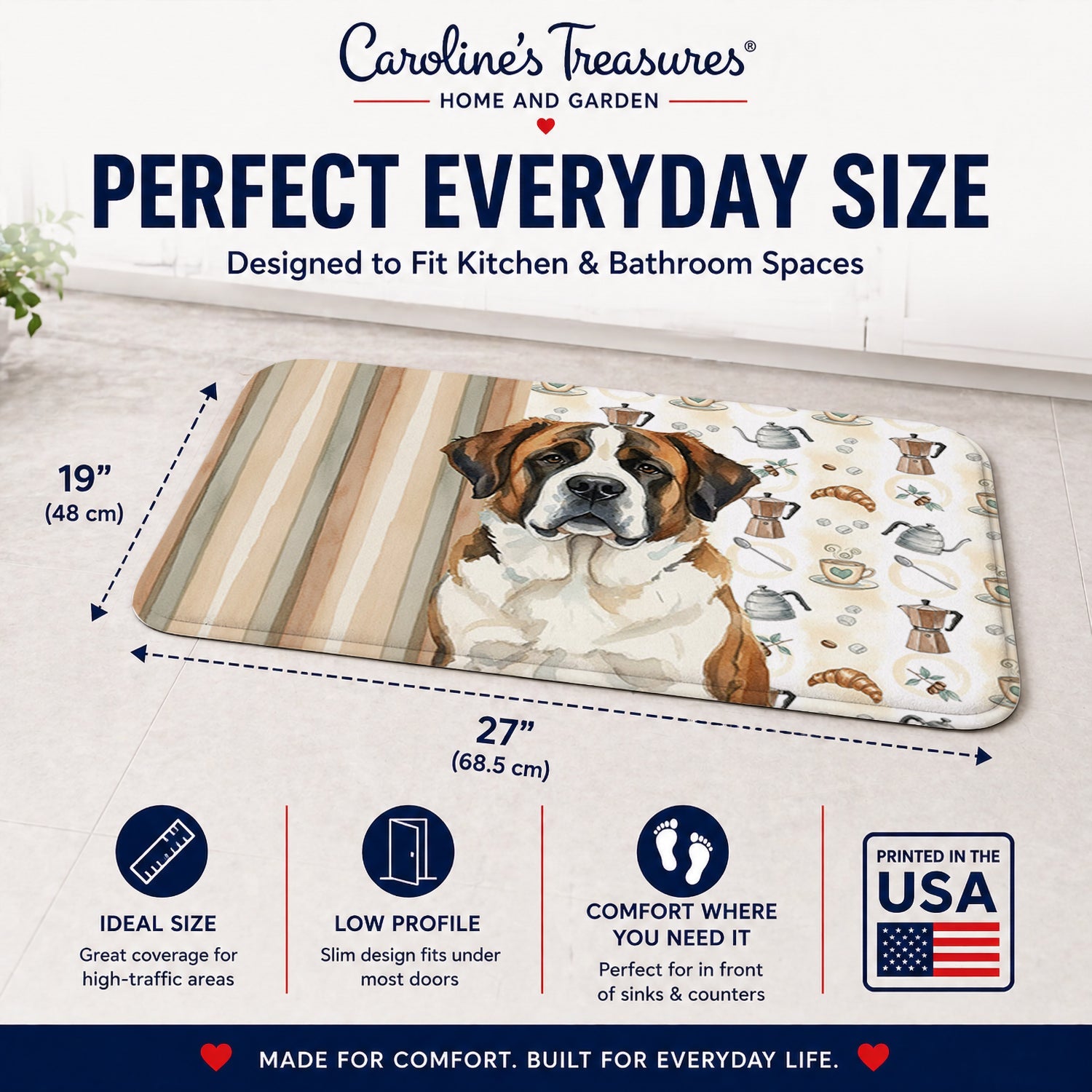 Brindle and White Saint Bernard Coffee Bar Memory Foam Kitchen Mat Machine Washable Anti-Fatigue Cushion Comfort Bath or Kitchen Rug