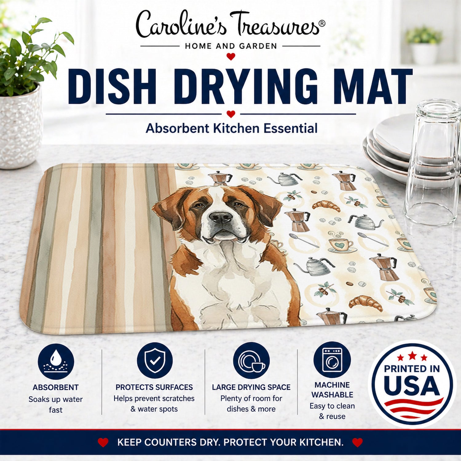 Brown and White Saint Bernard Coffee Bar Dish Drying Mat Absorbent Dish Drying Mat Pad for Kitchen Counter Dish Drainer Mat for Countertop, 14 x 21", Multicolor