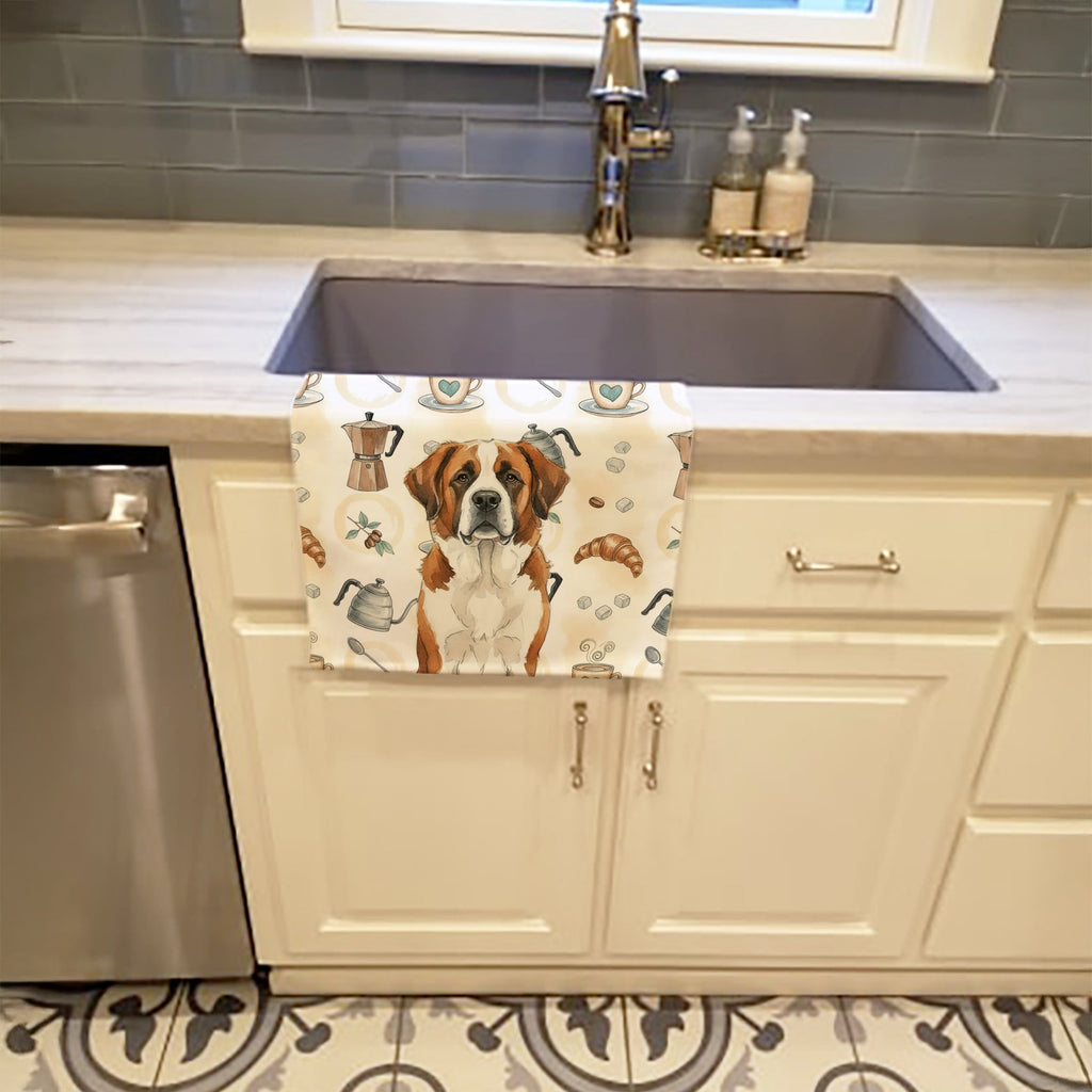 Brown and White Saint Bernard Coffee Bar Kitchen Towel Velour Plush Front and Cotton Loop Back Machine Washable