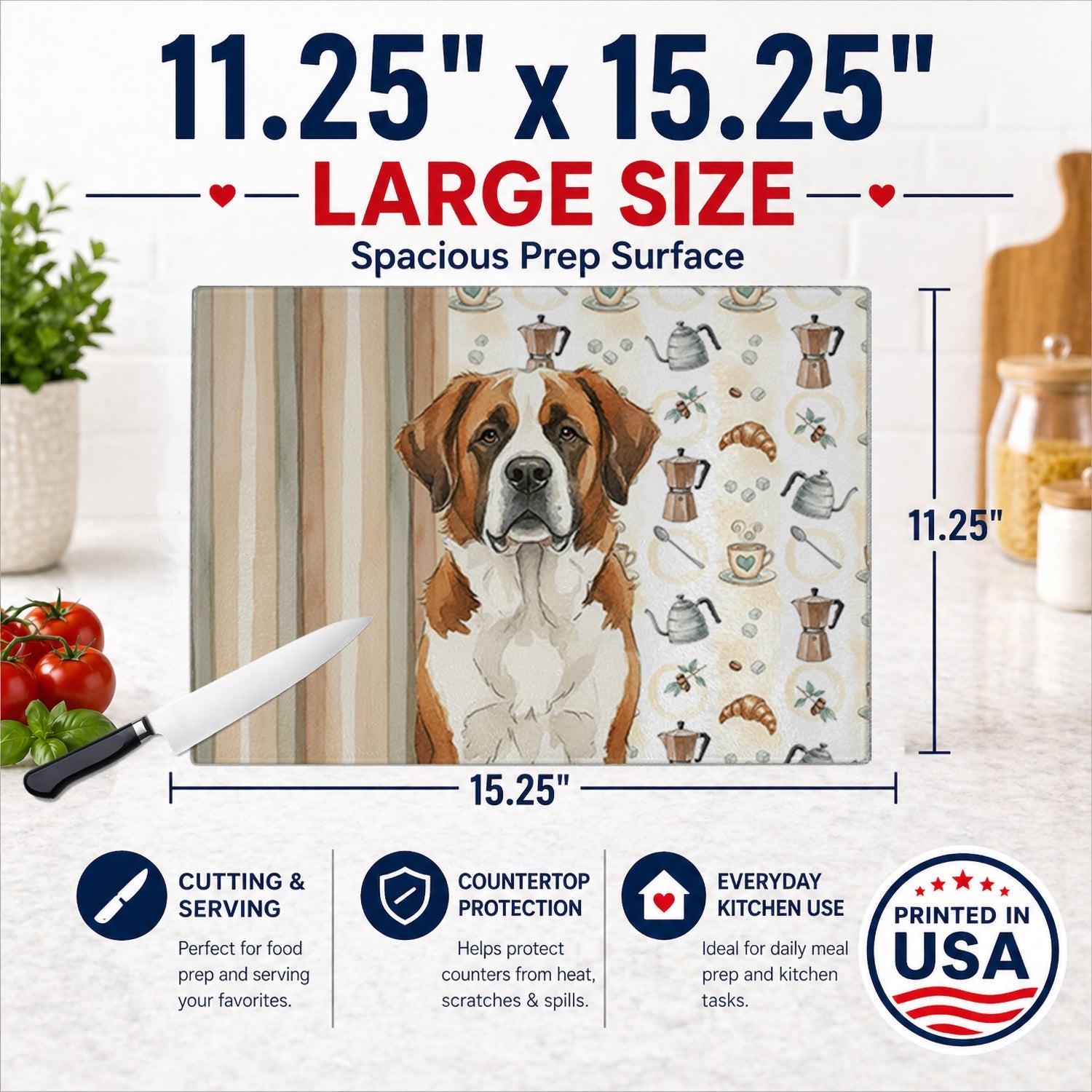 Brown and White Saint Bernard Coffee Bar Cutting Board Tempered Glass Kitchen Cutting Surface, Heat Resistant Chopping, Non-Slip Feet, Food Prep & Serving