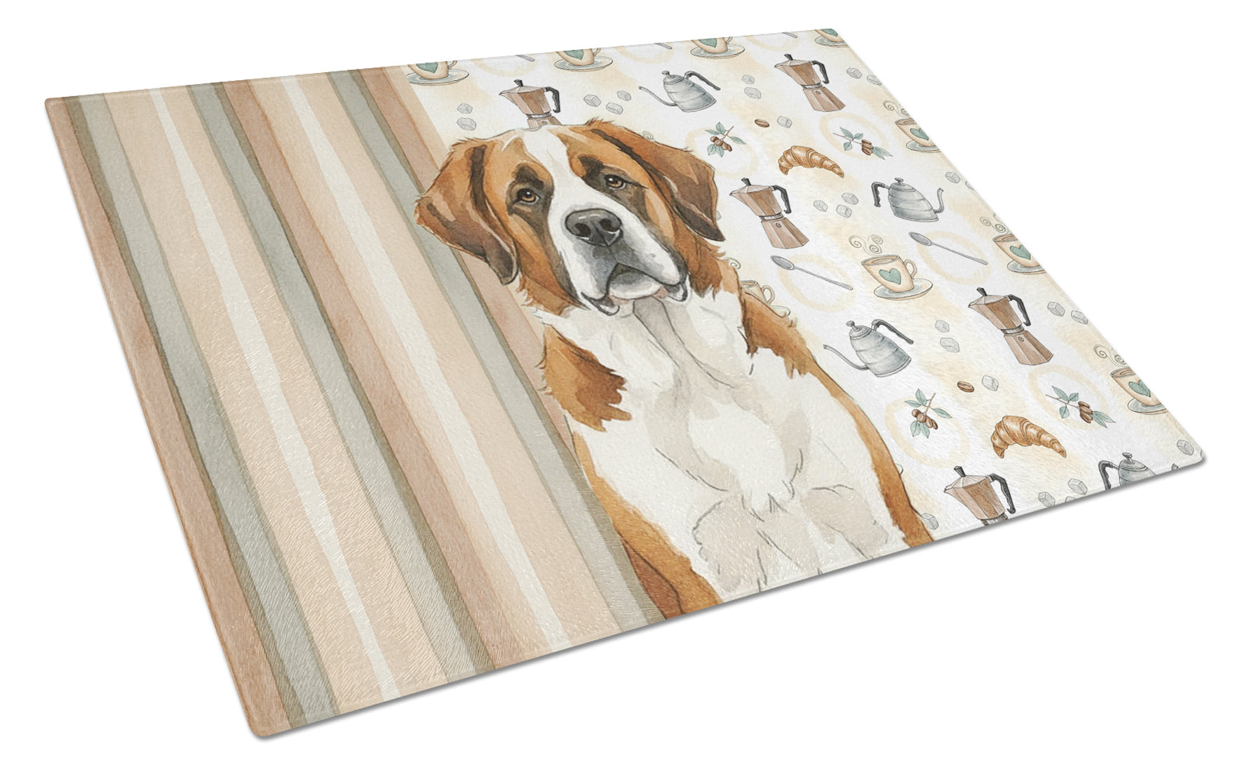 Brown and White Saint Bernard Coffee Bar Cutting Board Tempered Glass Kitchen Cutting Surface, Heat Resistant Chopping, Non-Slip Feet, Food Prep & Serving