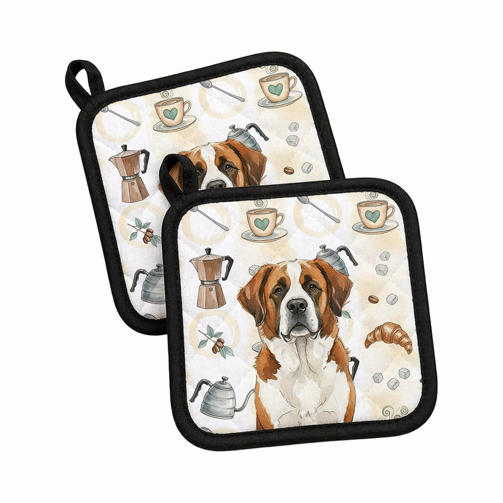Brown and White Saint Bernard Coffee Bar Pot Holder Set of 2 Heat Resistant Quilted Hot Pads 7.5 x 7.5 Inch, Insulated Kitchen Trivets for Cooking & Baking